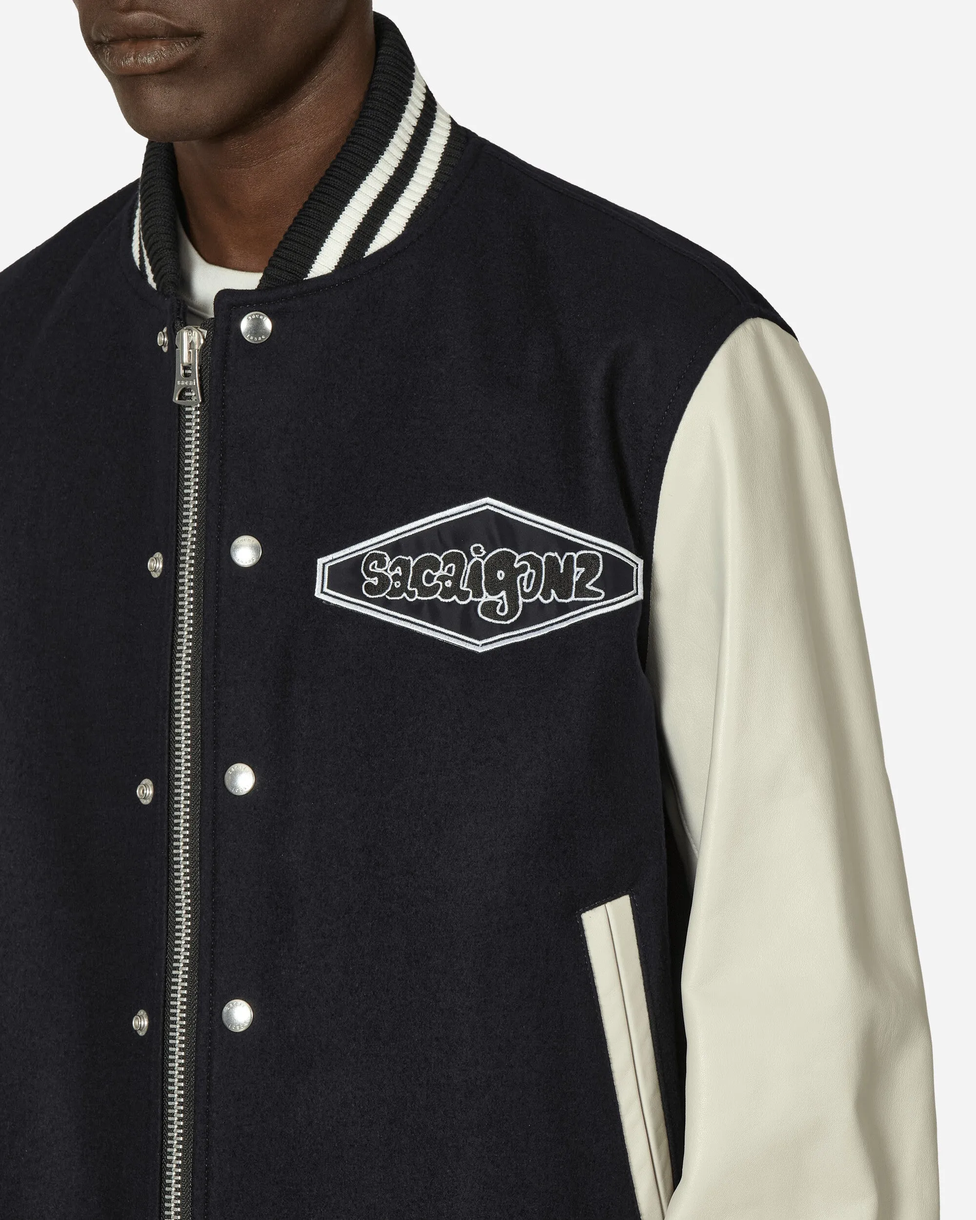 Gonz Wool Melton x Leather Jacket Navy / Off White