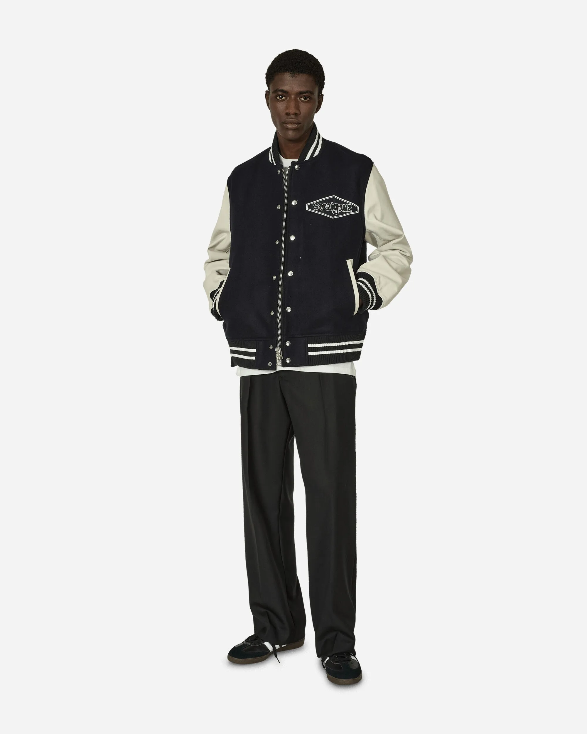 Gonz Wool Melton x Leather Jacket Navy / Off White