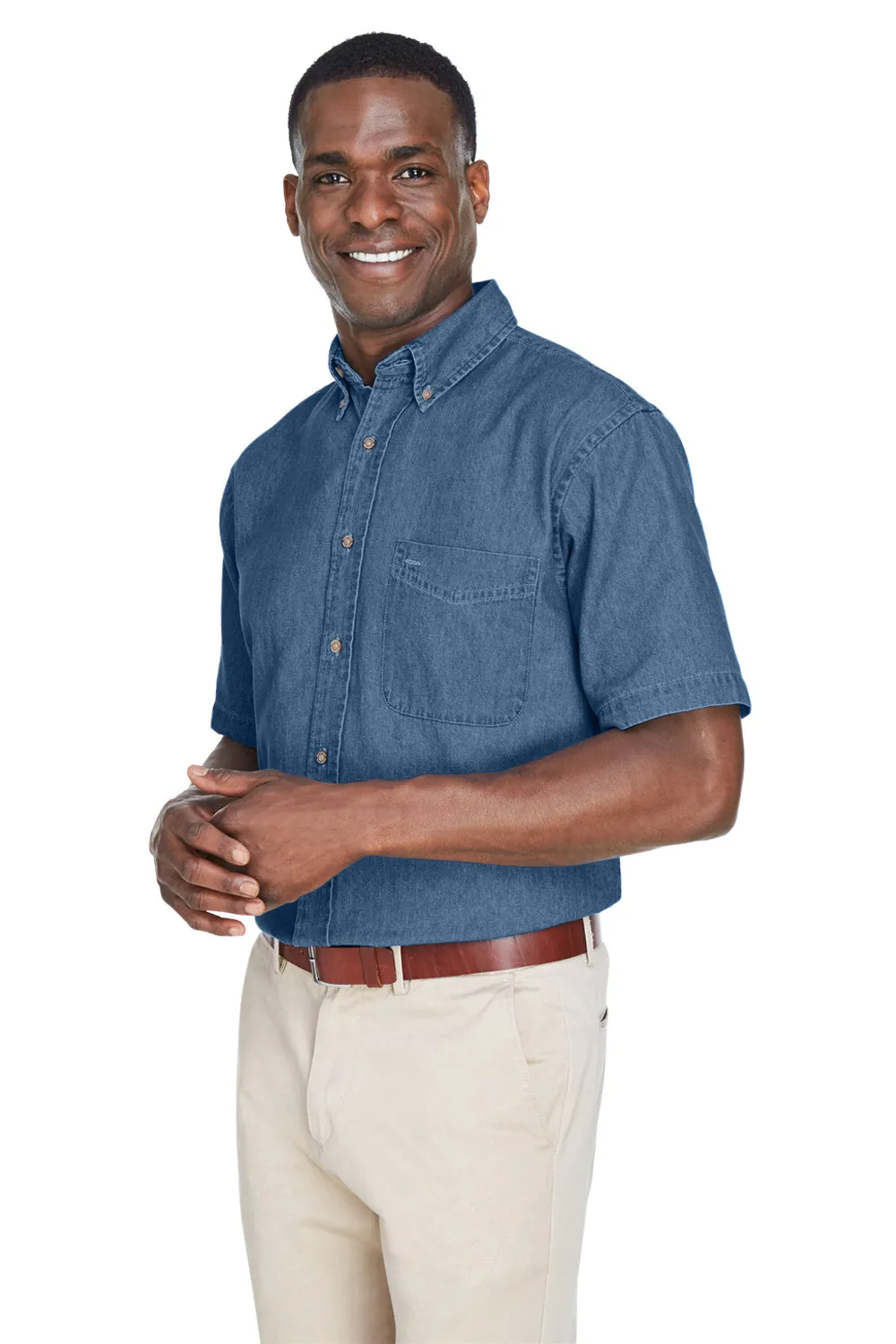 Harriton Mens Denim Short Sleeve Button Down Shirt w/ Pocket - Light Denim