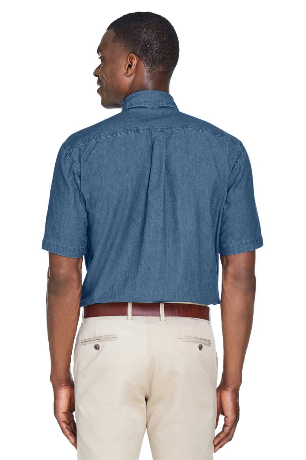 Harriton Mens Denim Short Sleeve Button Down Shirt w/ Pocket - Light Denim
