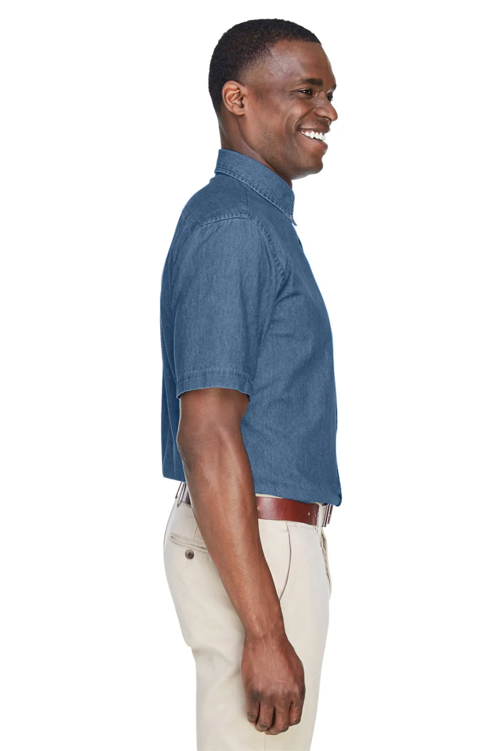Harriton Mens Denim Short Sleeve Button Down Shirt w/ Pocket - Light Denim