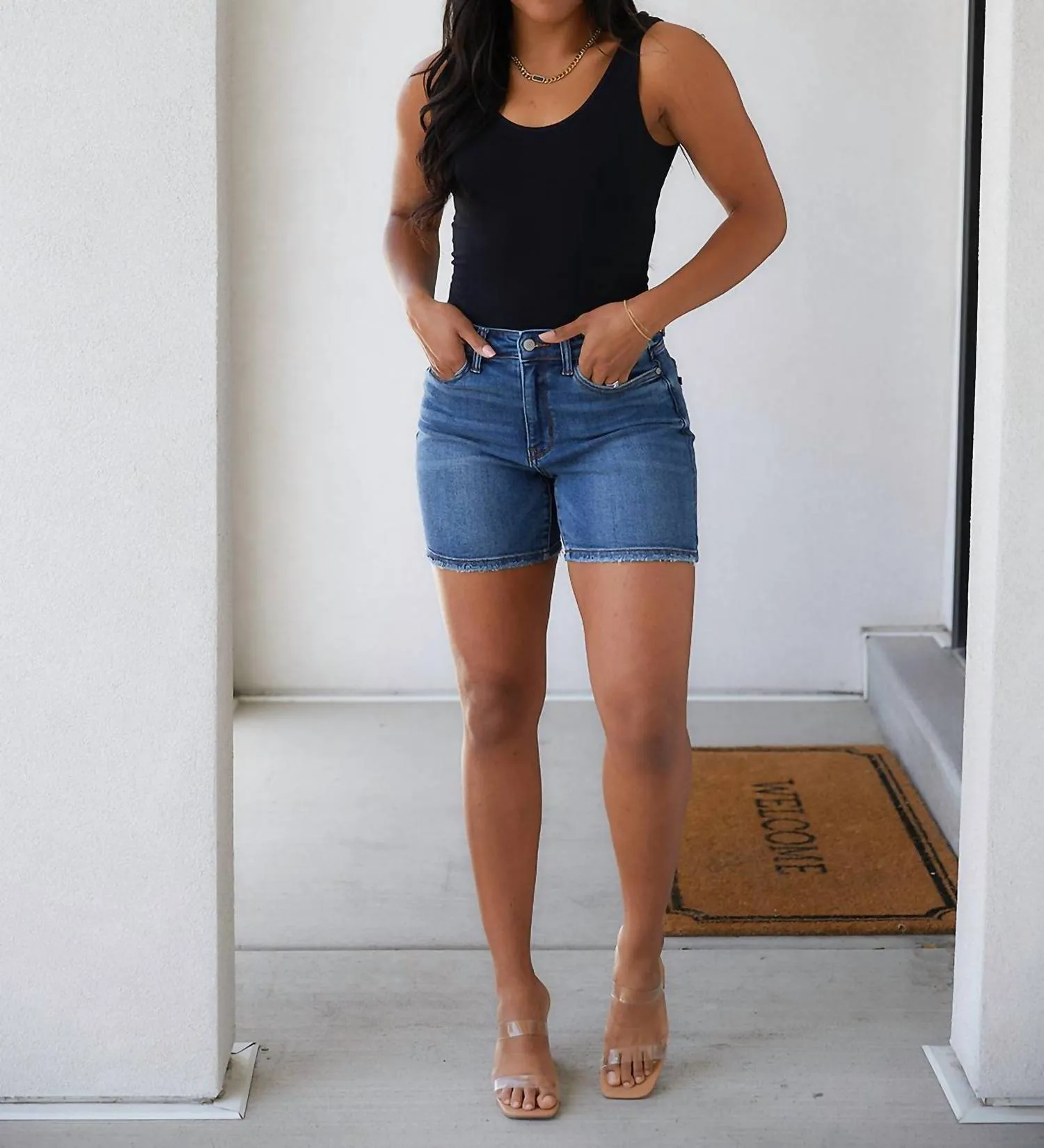 High Rise Denim Shorts In Dark Wash