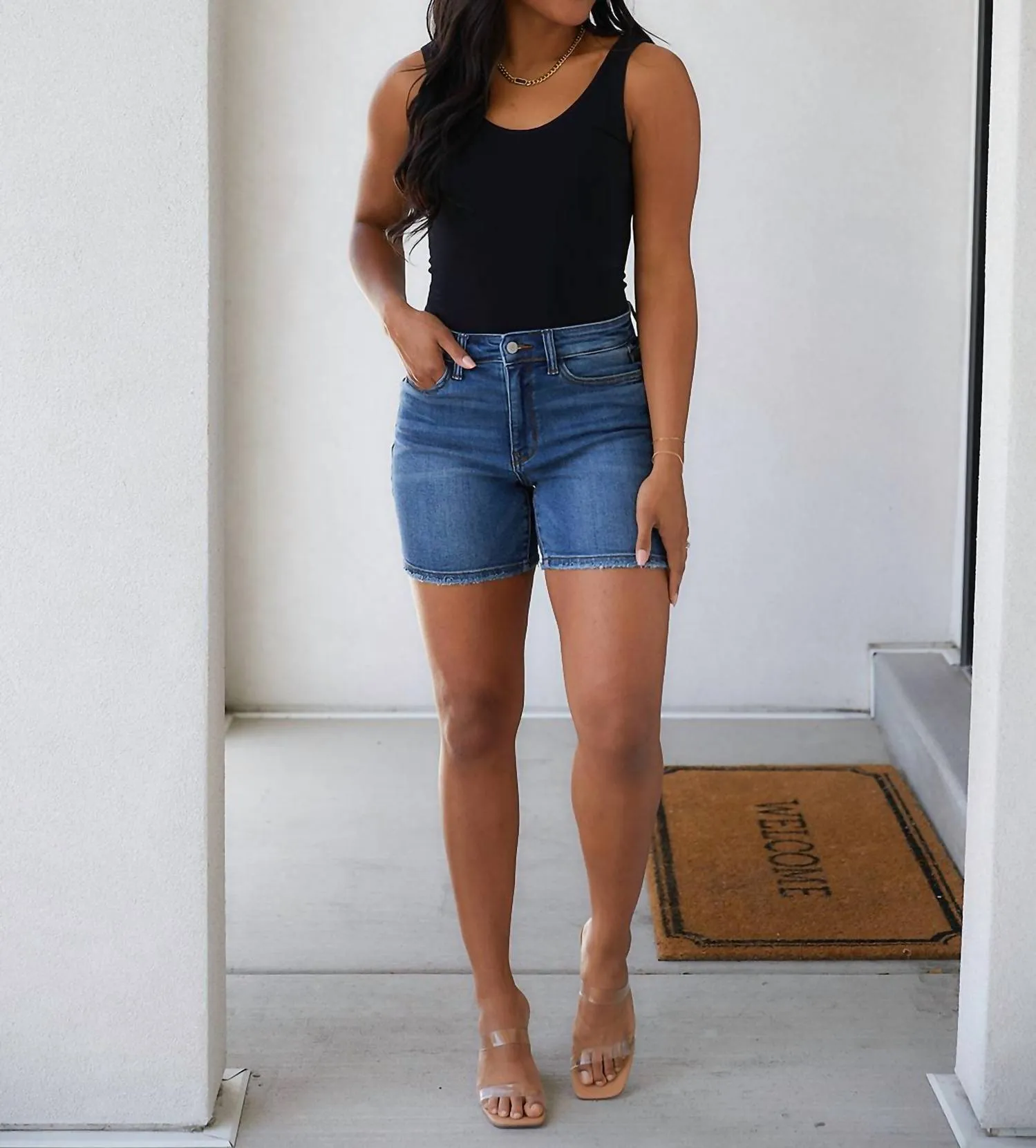 High Rise Denim Shorts In Dark Wash