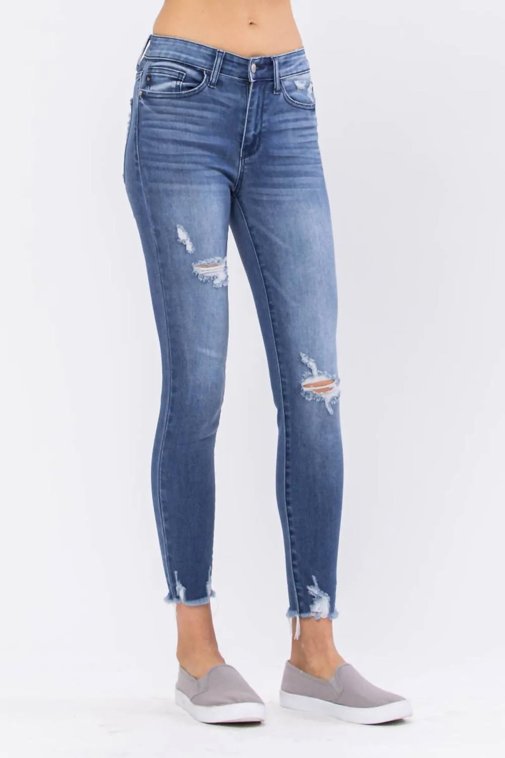 High Rise Destroyed Hem Skinny Jeans - Plus In Light Blue