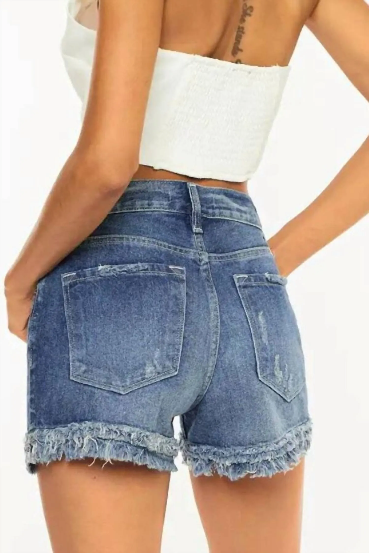 High Rise Fray Hem Shorts In Medium Wash
