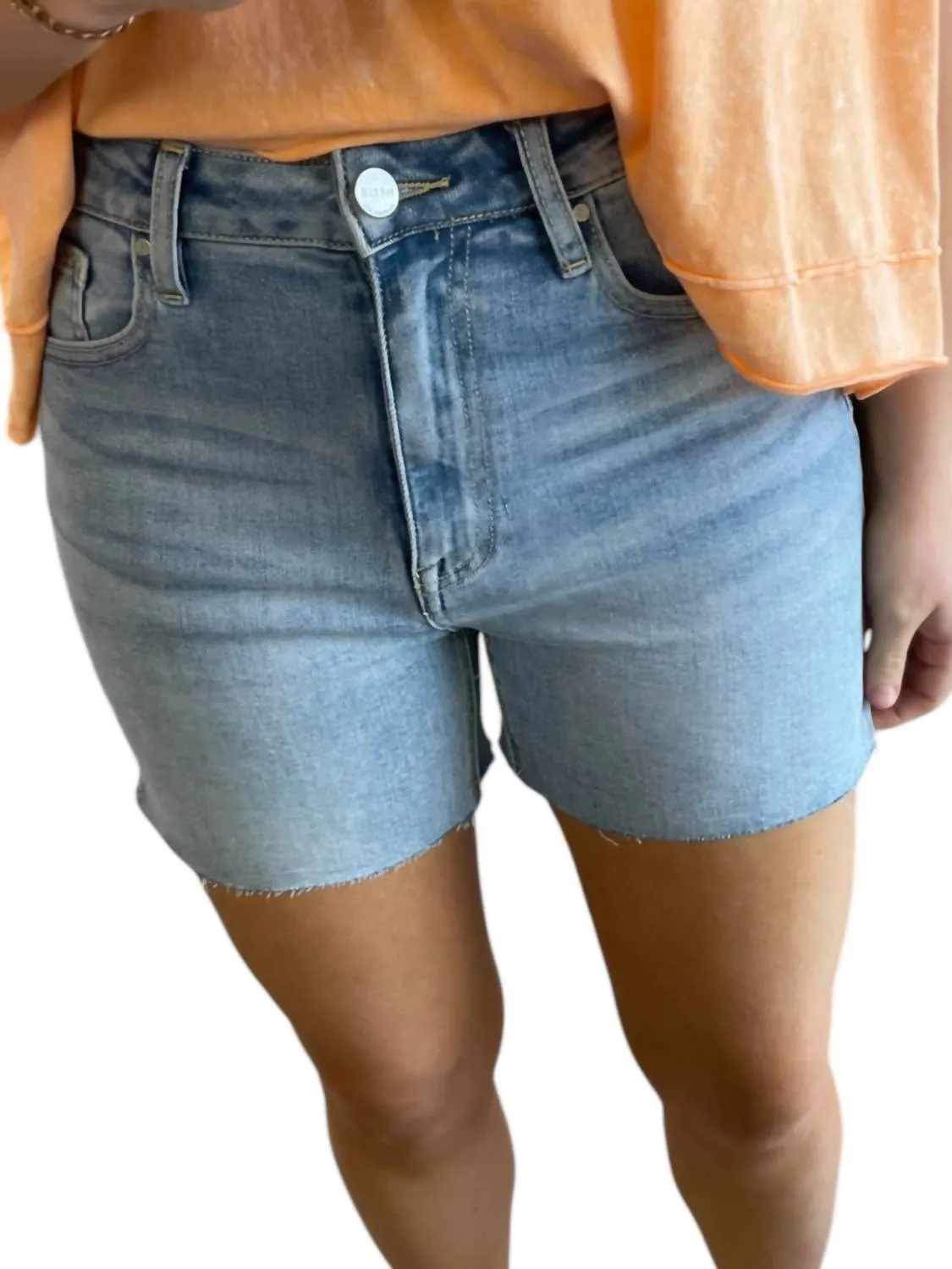 High Rise Raw Cut Denim Shorts In Light Wash