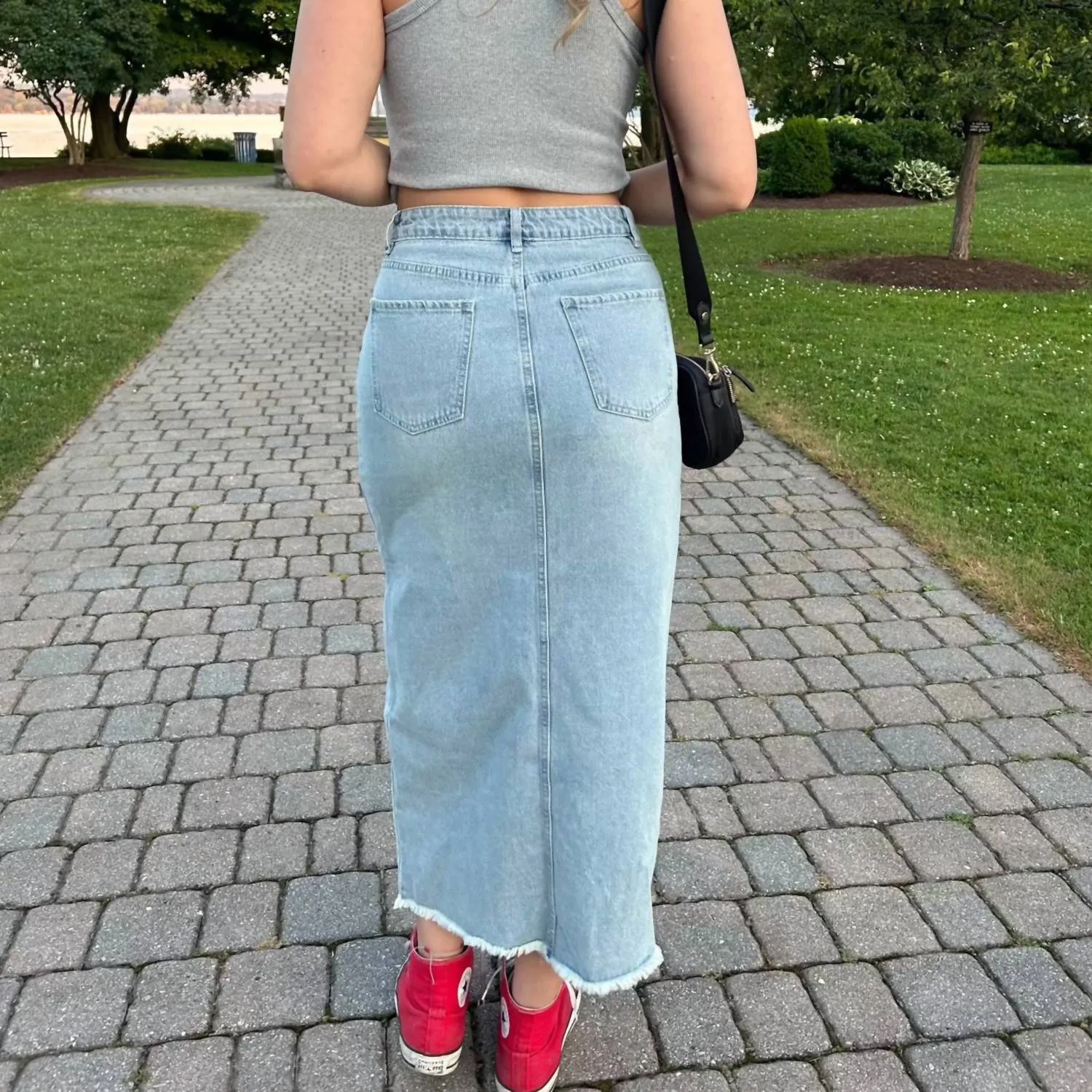 Izzy Denim Midi Slit Skirt In Light Wash