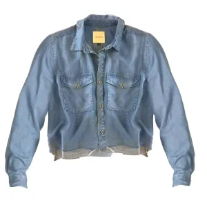 Jeans Women Chambray Cutoff Fringe Cropped Collared Top Shirt In Blue