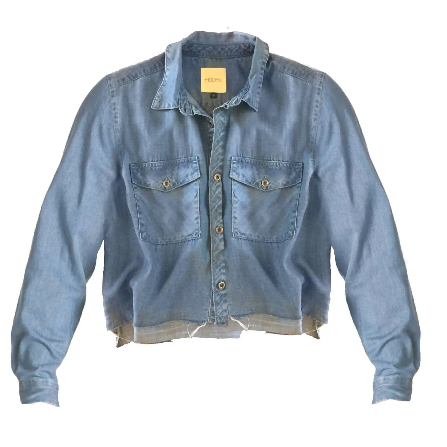 Jeans Women Chambray Cutoff Fringe Cropped Collared Top Shirt In Blue