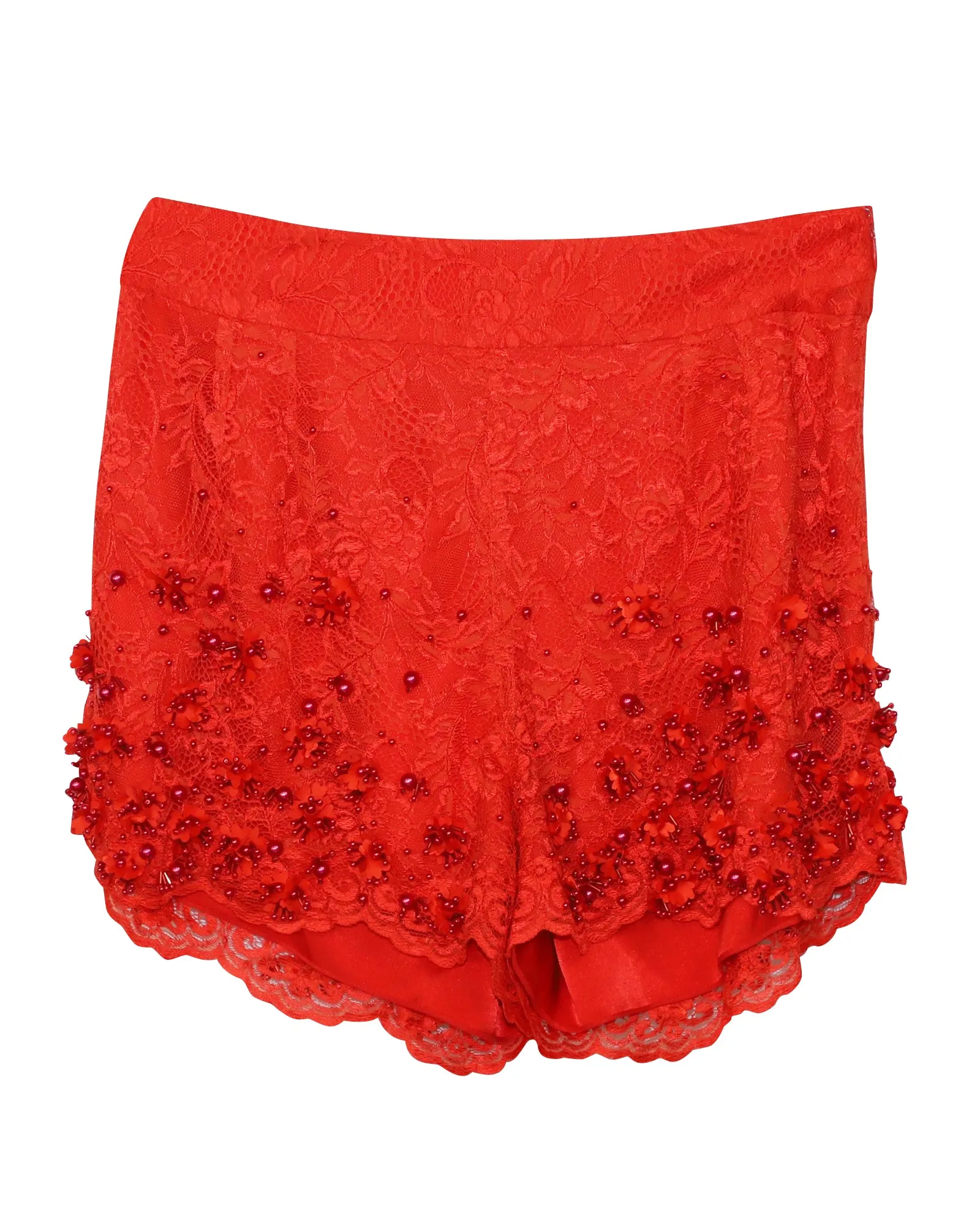 Jenny Packham Embellished Shorts in Red Lace