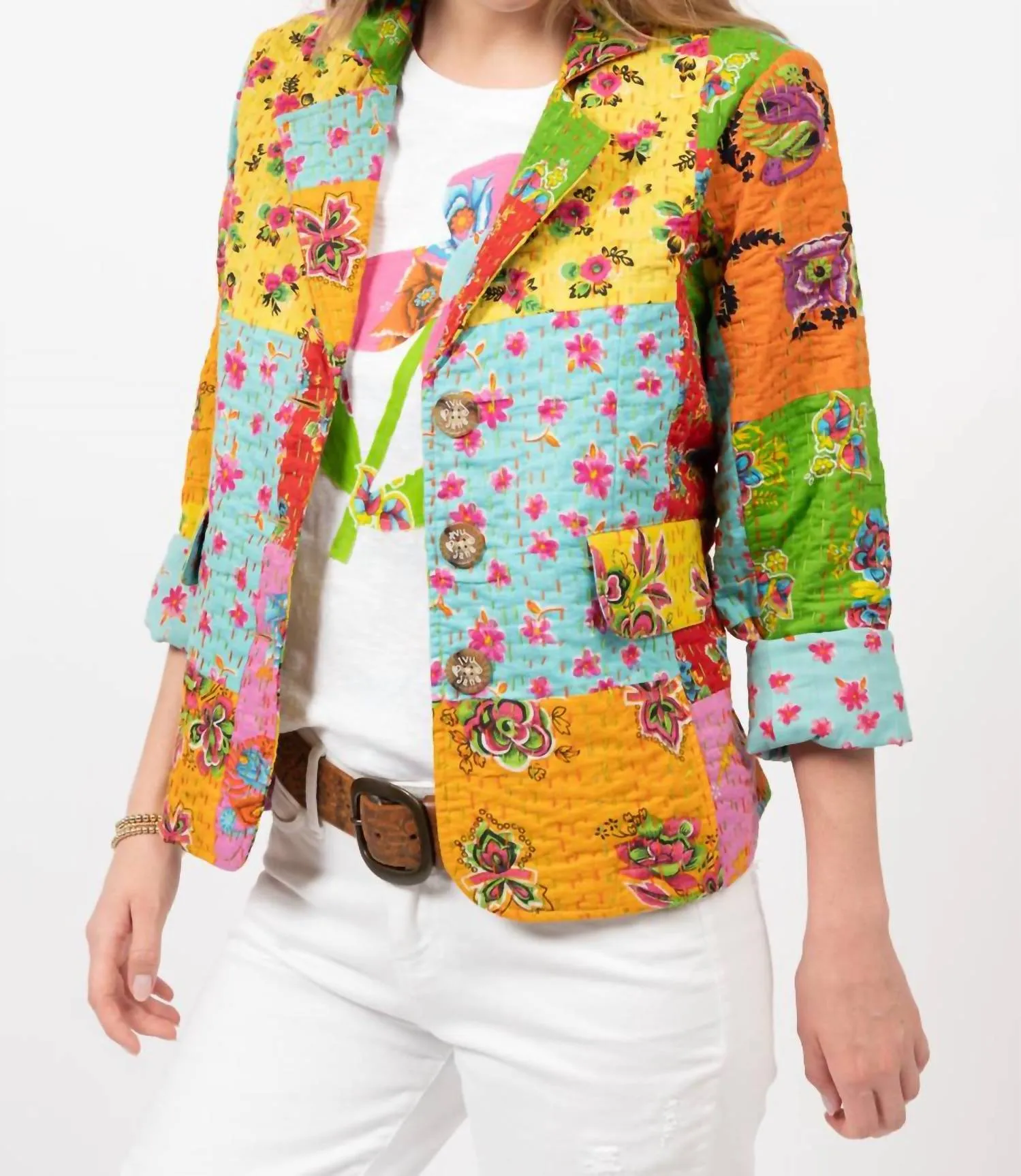 Kantha Stitch Patchwork Blazer In Multicolor