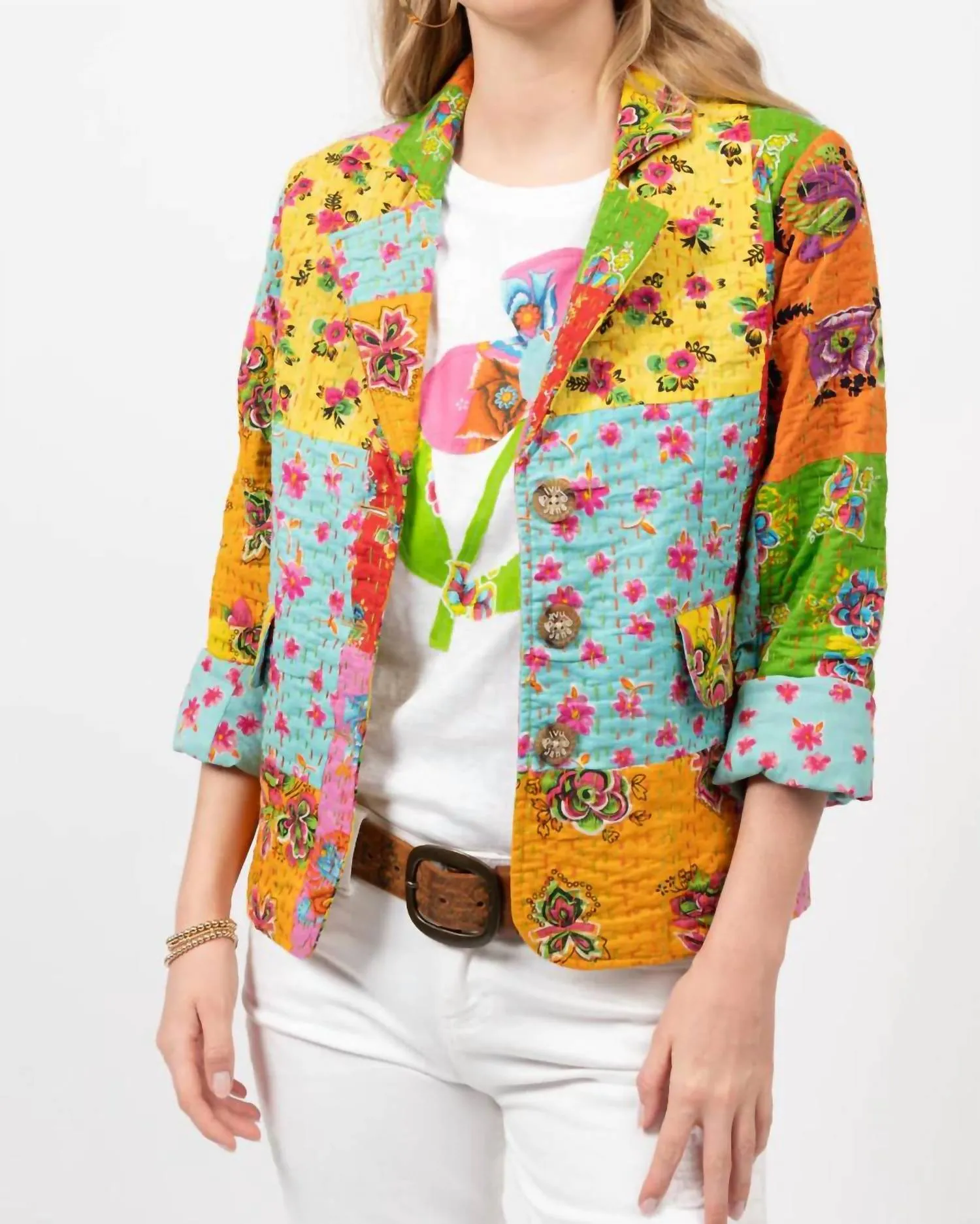 Kantha Stitch Patchwork Blazer In Multicolor