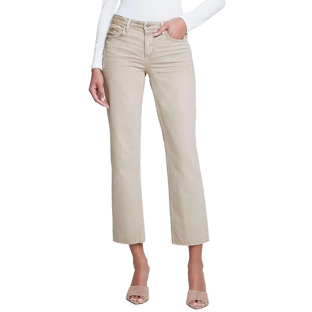 L'Agence Womens High Rise Frayed Hem Cropped Jeans