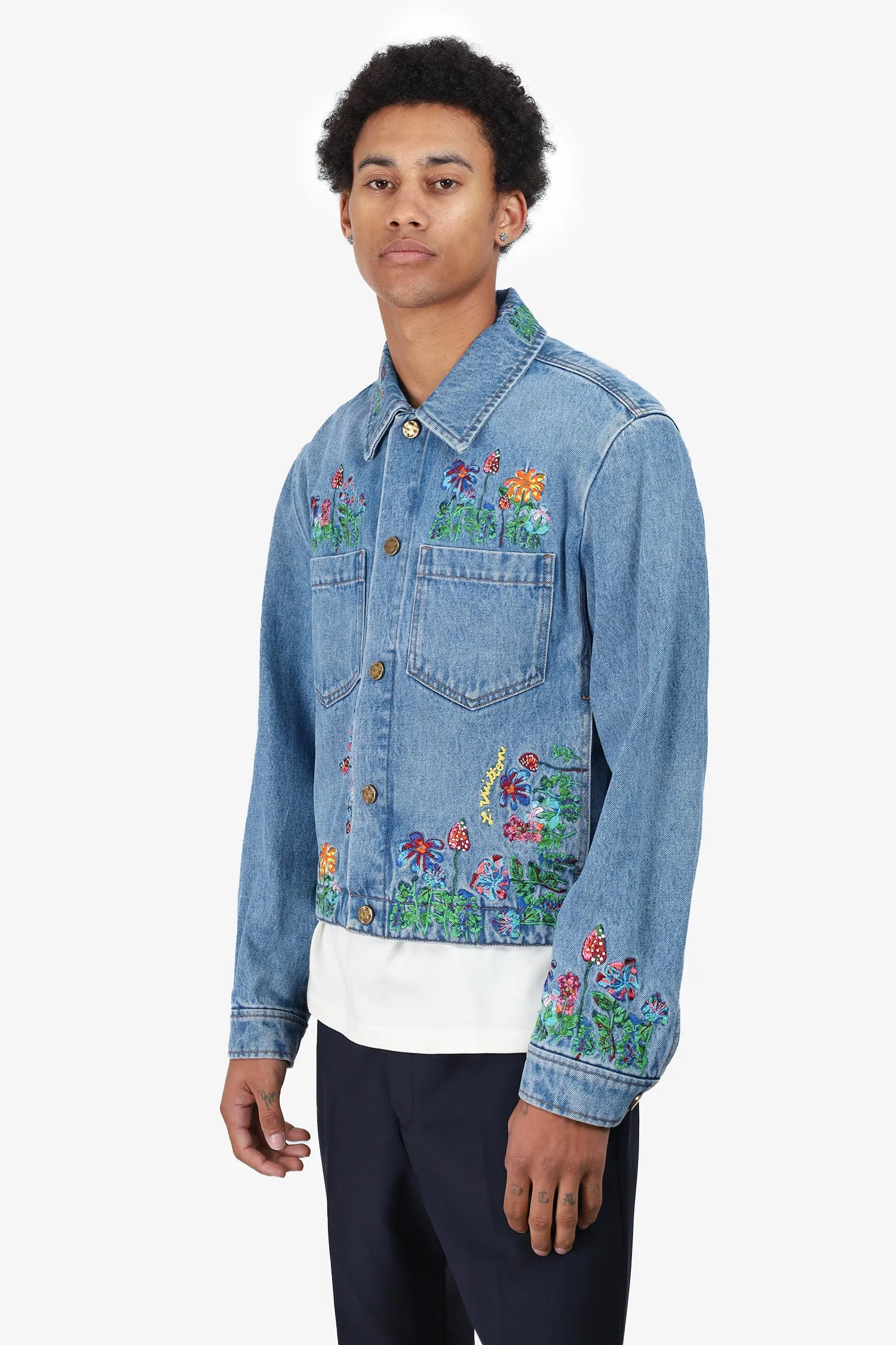 Louis Vuitton Blue Floral Embroidered Denim Jacket Size 46 Mens