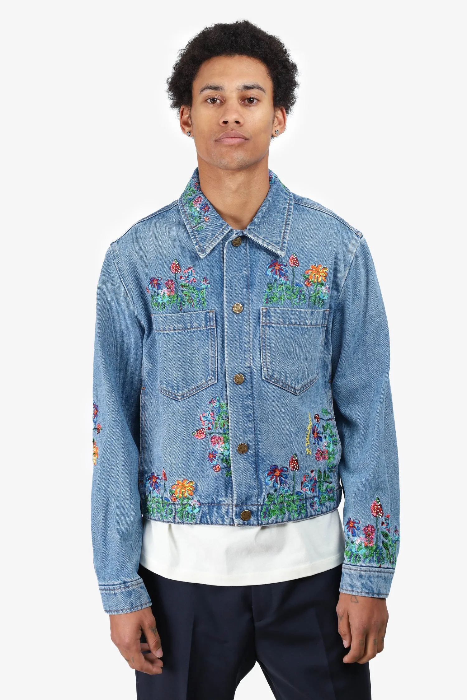 Louis Vuitton Blue Floral Embroidered Denim Jacket Size 46 Mens