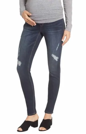 Maternity Pull On Distressed Jeans In Blue