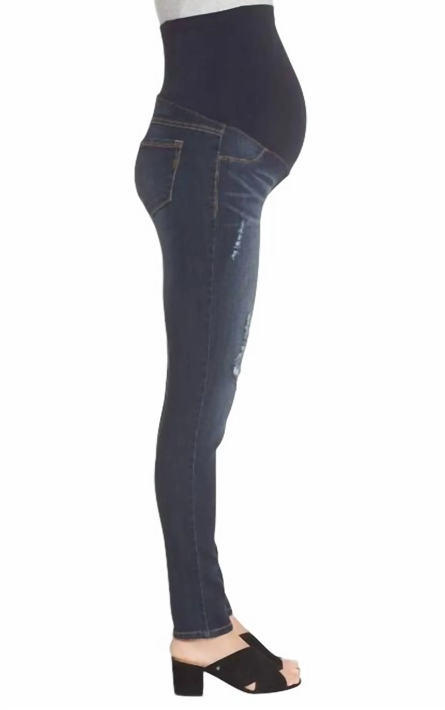 Maternity Pull On Distressed Jeans In Blue
