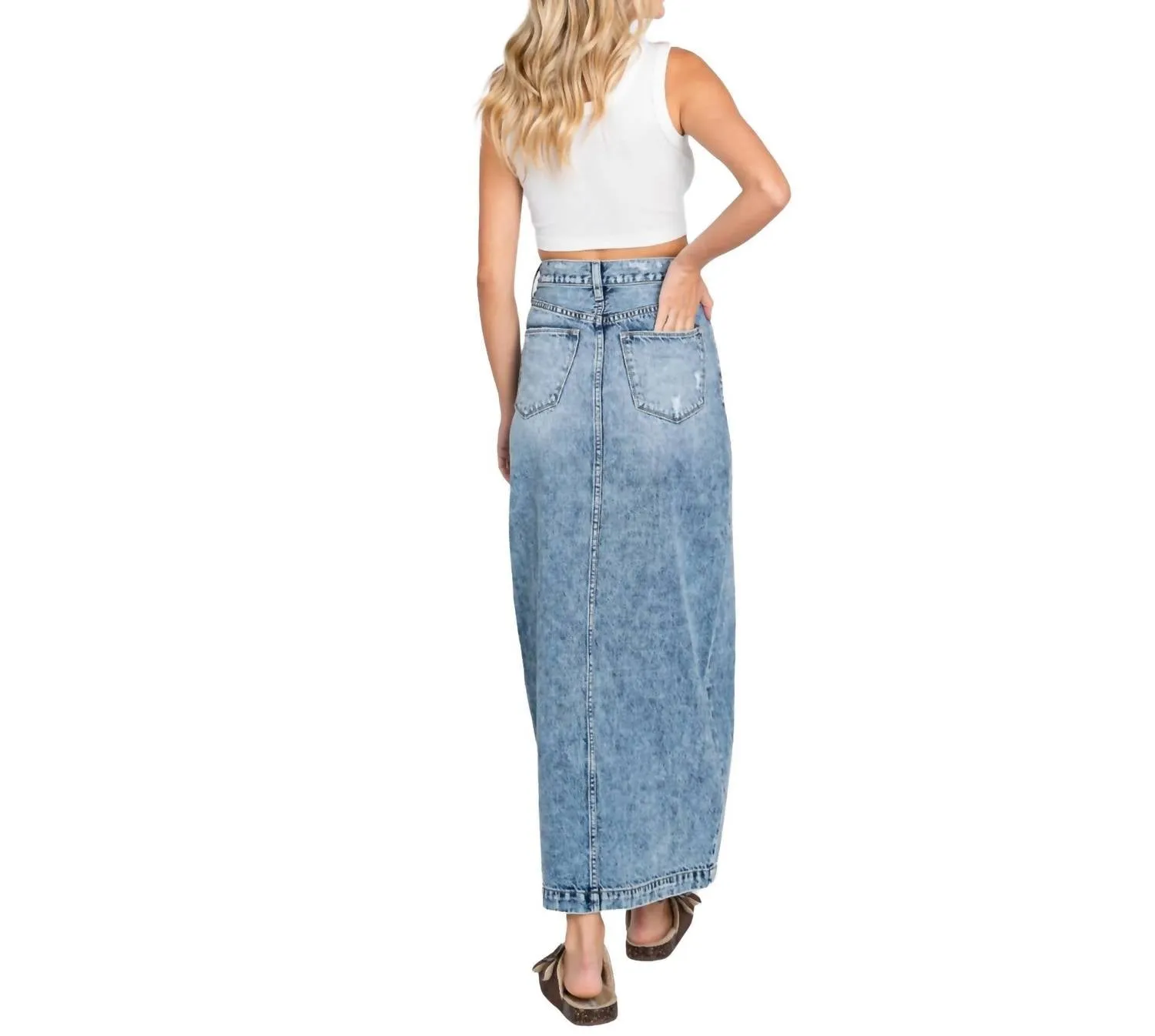 Melissa Destroyed Rigid Maxi Skirt With Split Hem In Blue