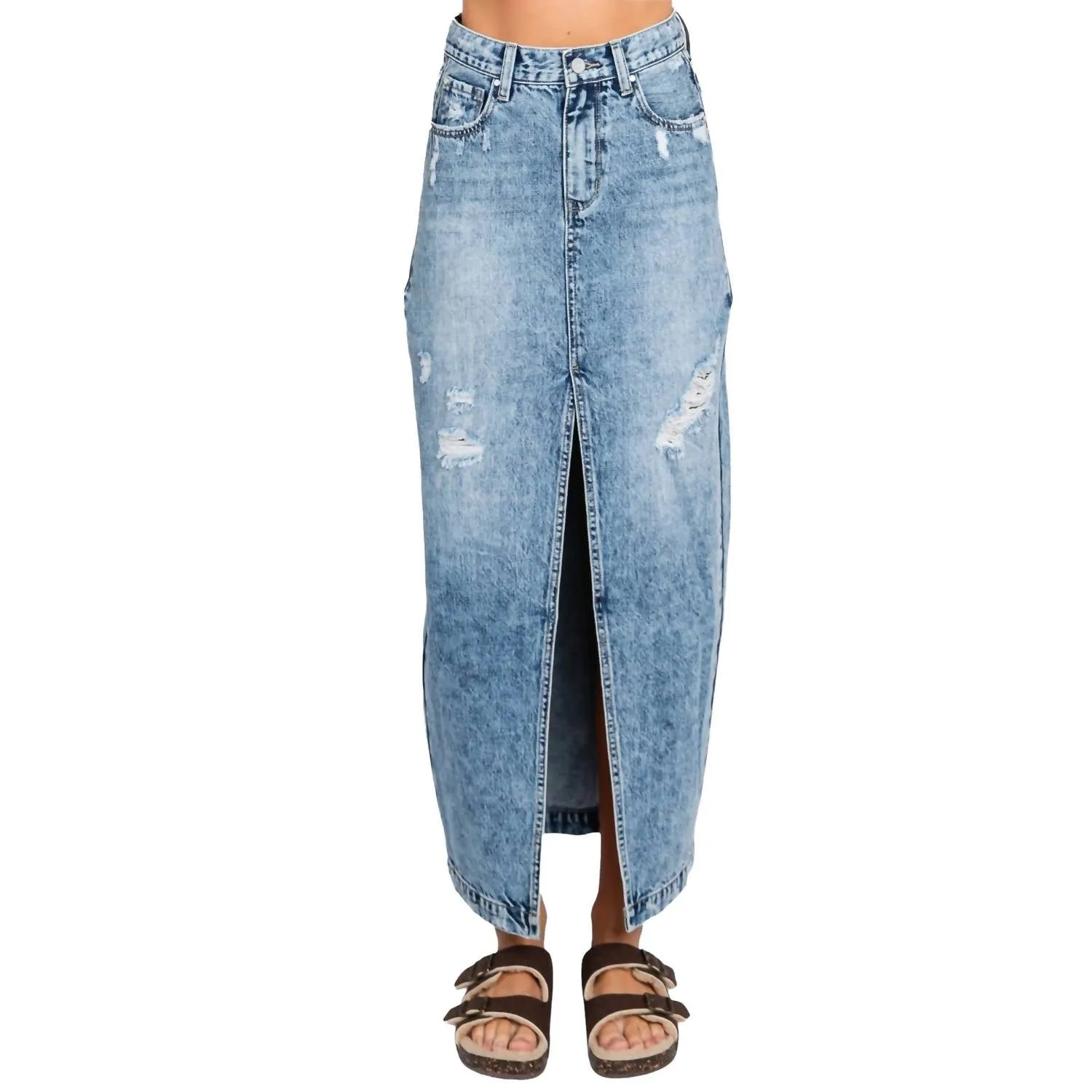 Melissa Destroyed Rigid Maxi Skirt With Split Hem In Blue