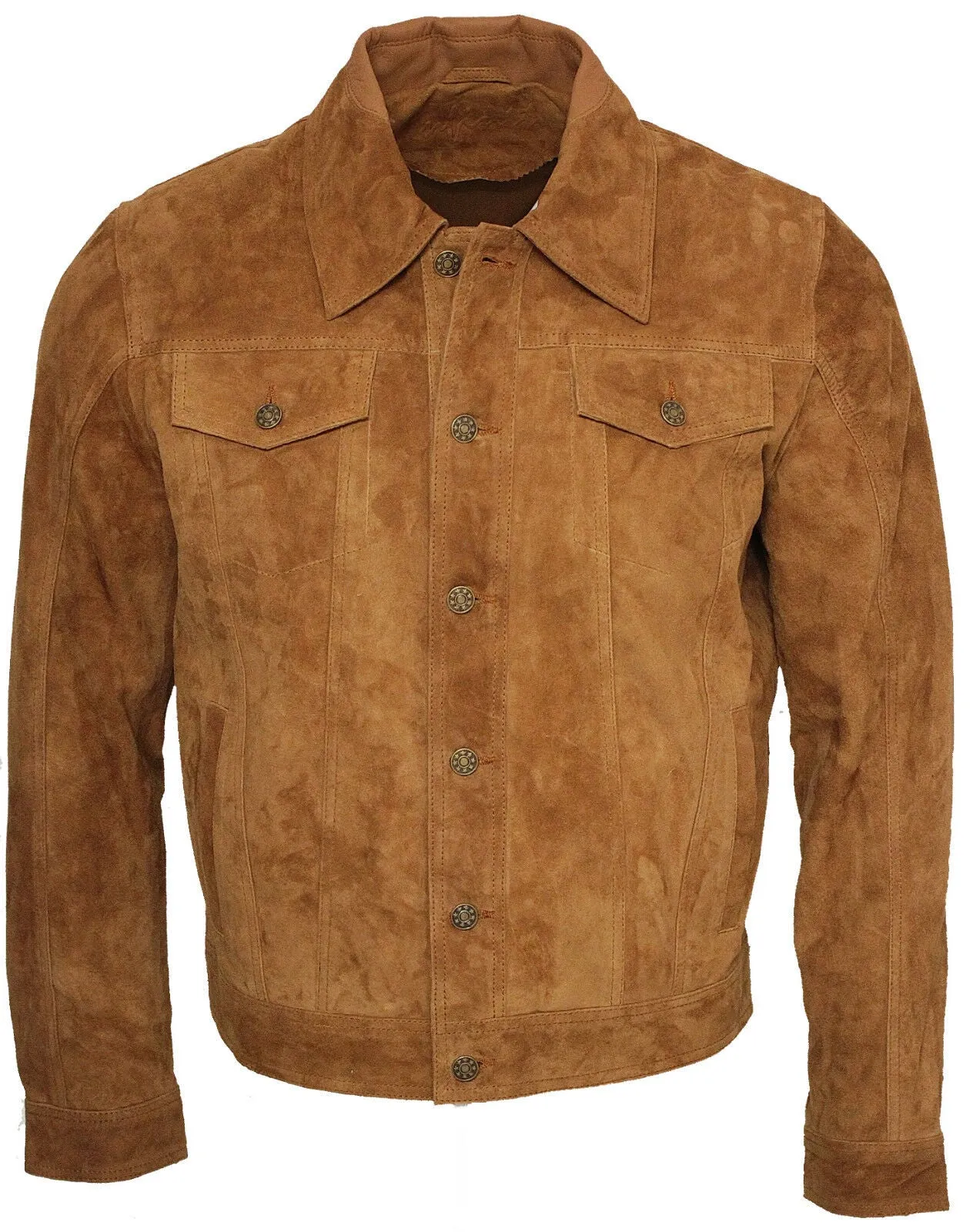 Mens Trucker Classic Suede Leather Shirt Jeans Jacket