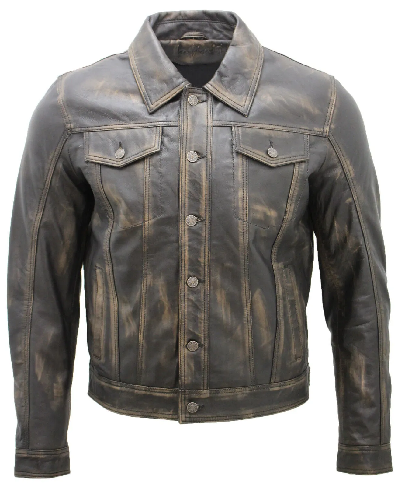 Mens Trucker Slim Fit Leather Shirt Jeans Jacket