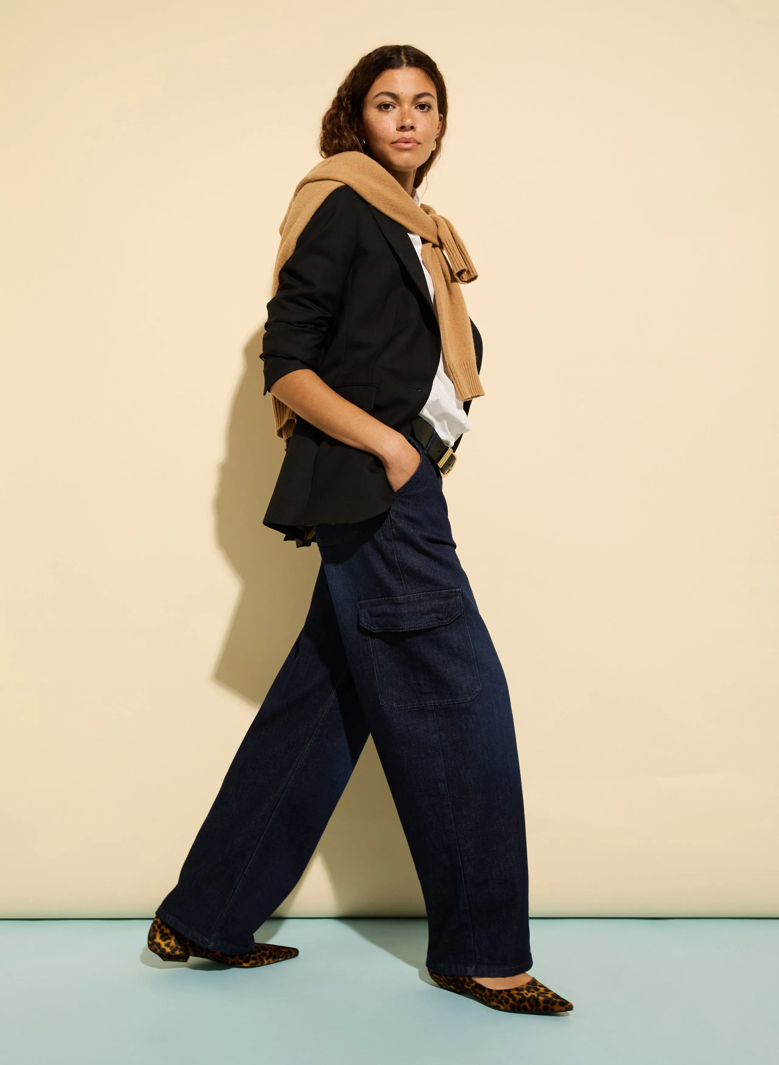 Organic Stretch Cotton Wide Leg Cargo Jeans | Dark Indigo