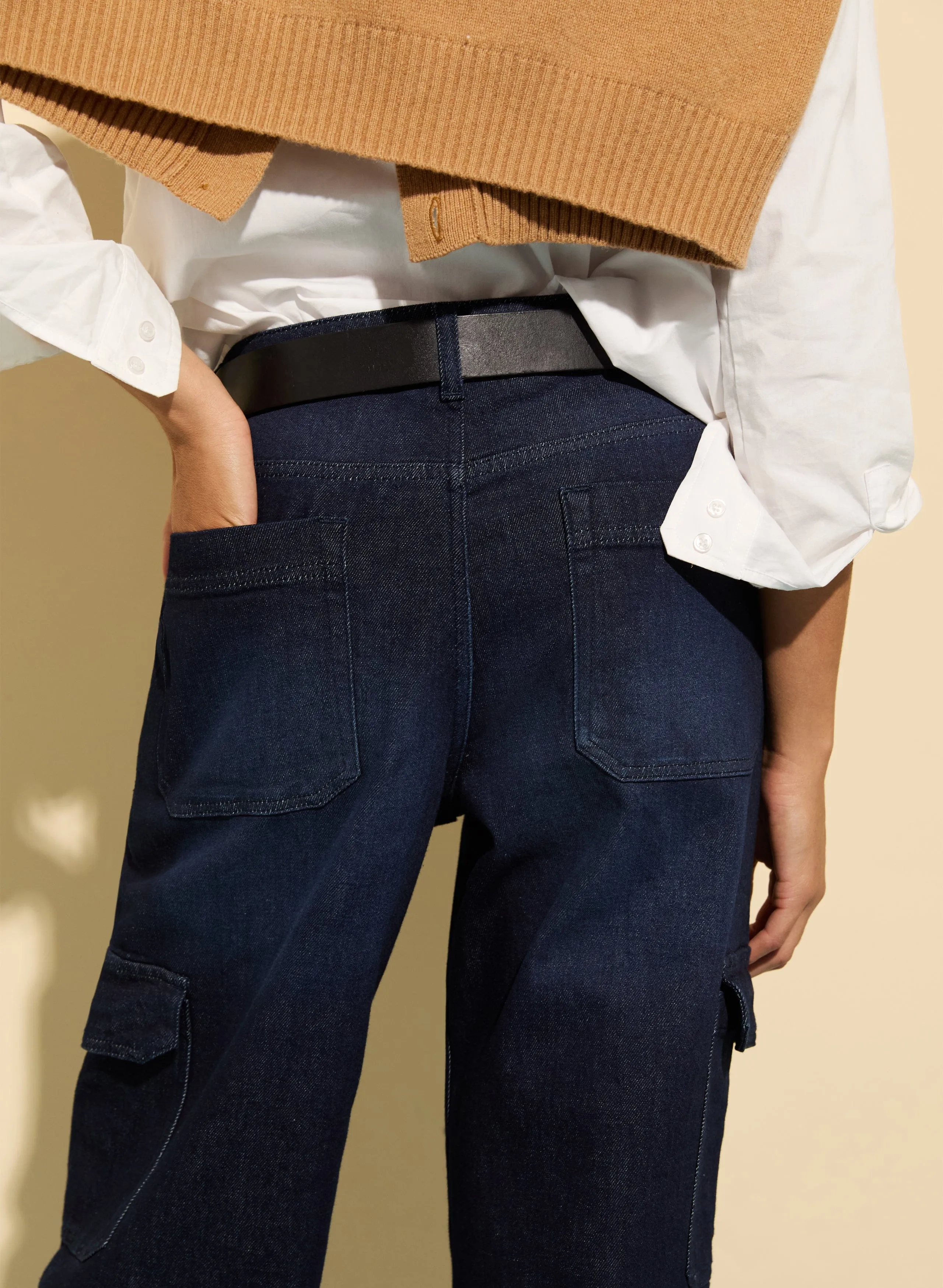 Organic Stretch Cotton Wide Leg Cargo Jeans | Dark Indigo