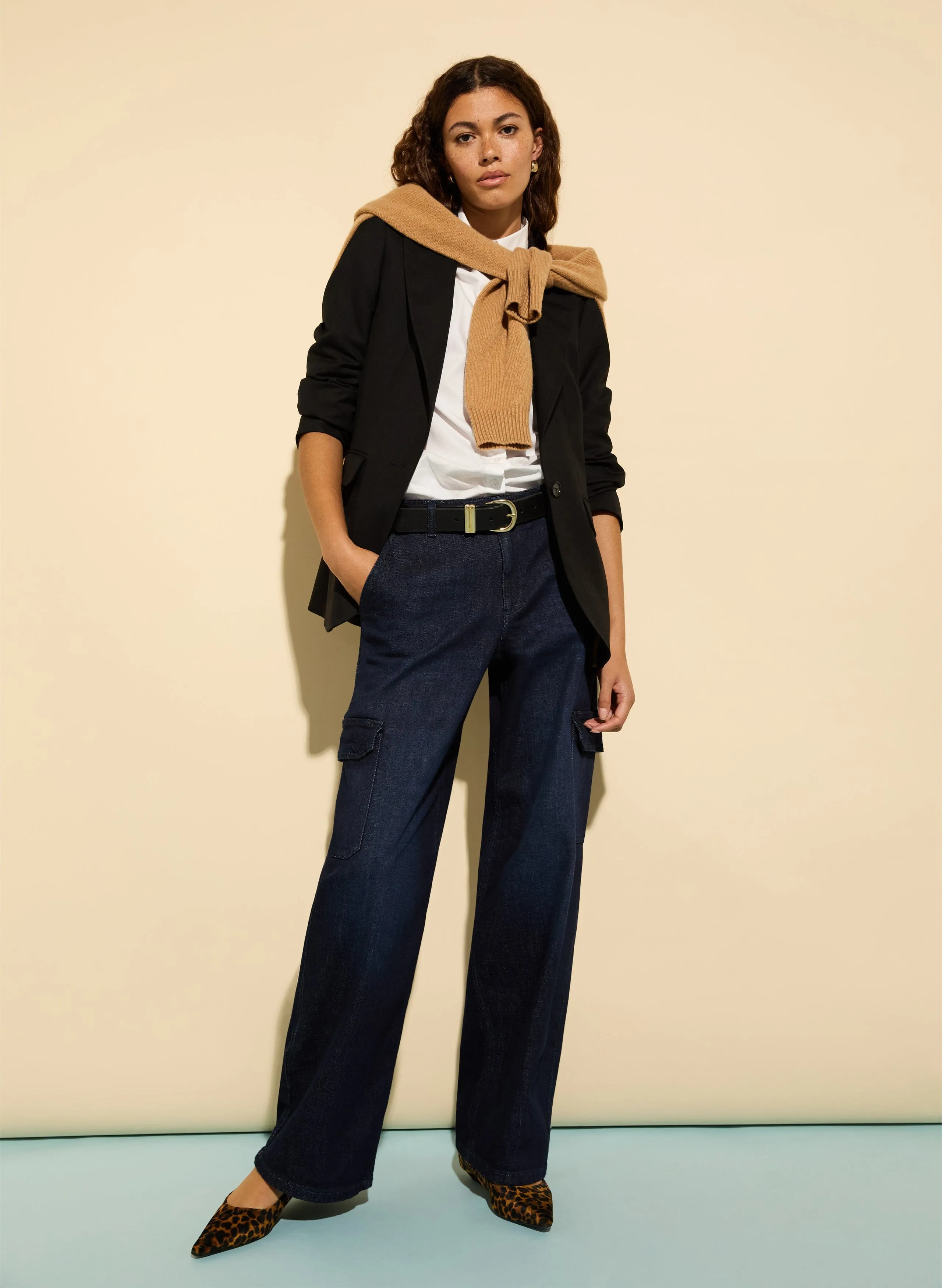 Organic Stretch Cotton Wide Leg Cargo Jeans | Dark Indigo
