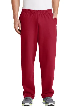 Port & Company Mens Core Pill Resistant Fleece Open Bottom Sweatpants w/ Pockets - Red