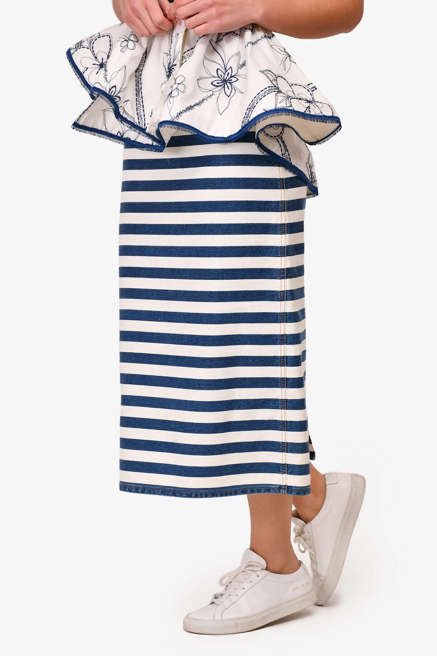 Prada Blue/White Denim Striped Midi Skirt Size 42
