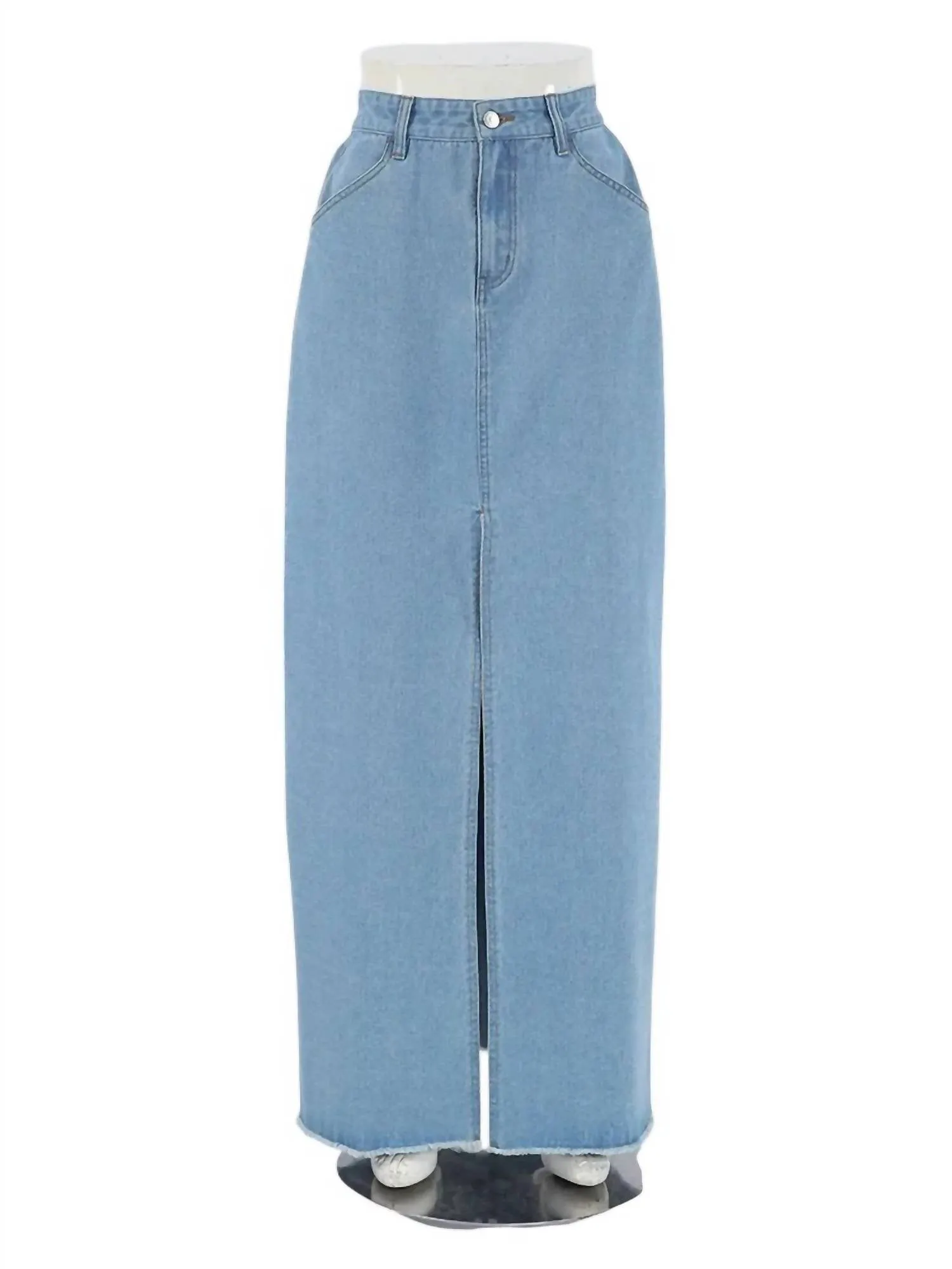 Raw Hem Denim Maxi Skirt In Light Wash