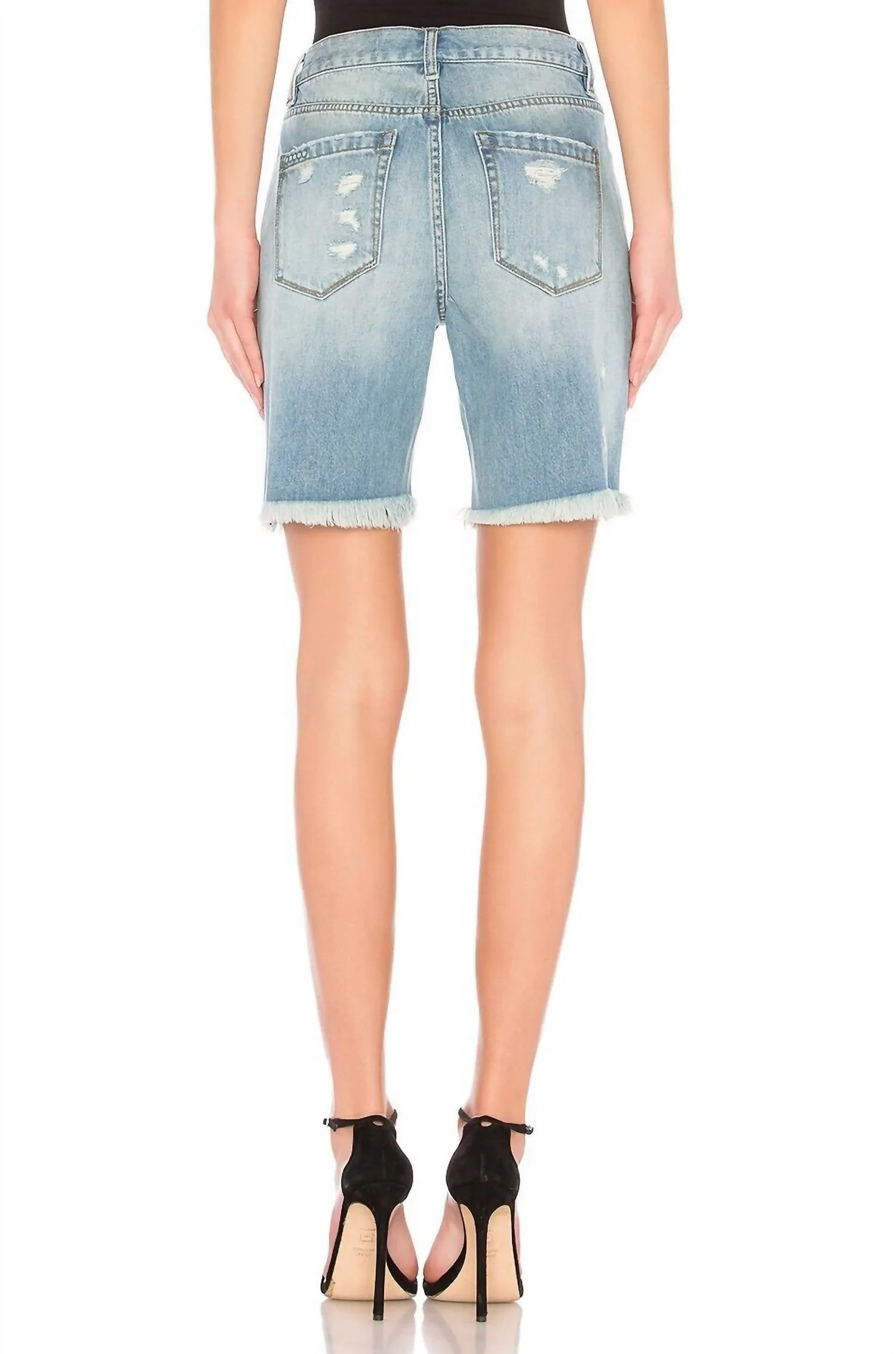 Ripped Denim High Rise Shorts In Blue