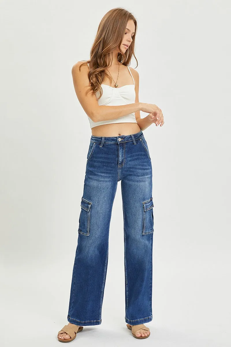 Risen Women's Dark Wash High Rise Wide Leg Cargo Jeans