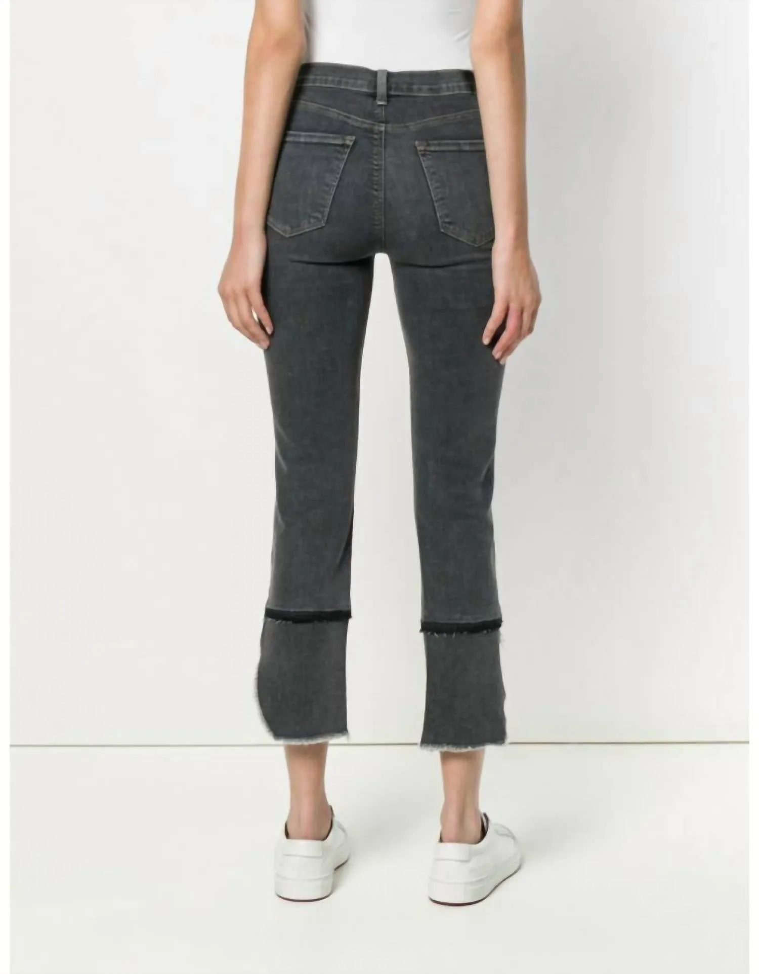Ruby High Rise Asymmetrical Fray Straight Leg Crop Jeans In Gray