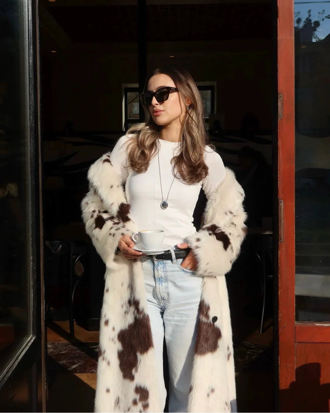 Sachi Cow Pattern Faux Fur Coat