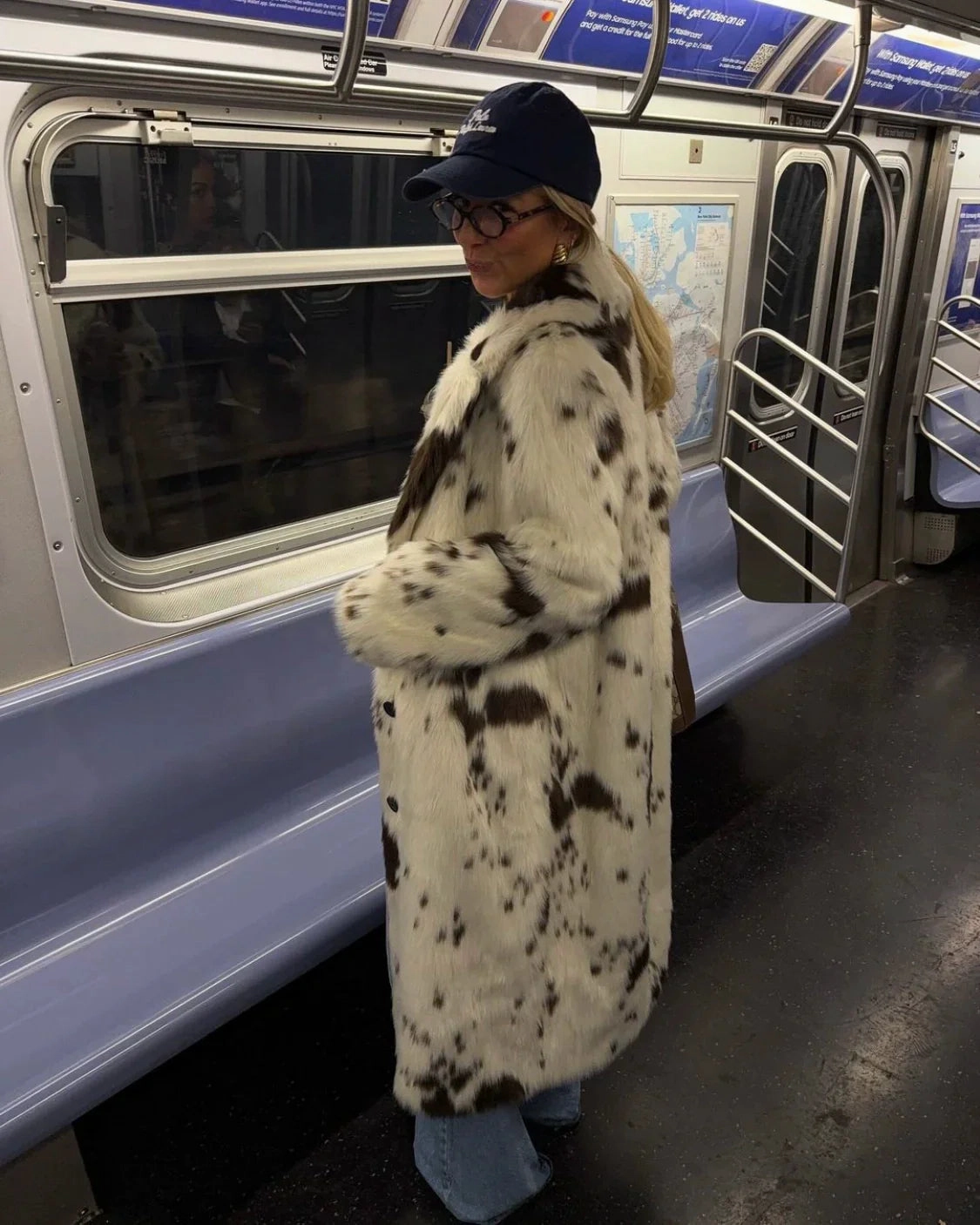Sachi Cow Pattern Faux Fur Coat