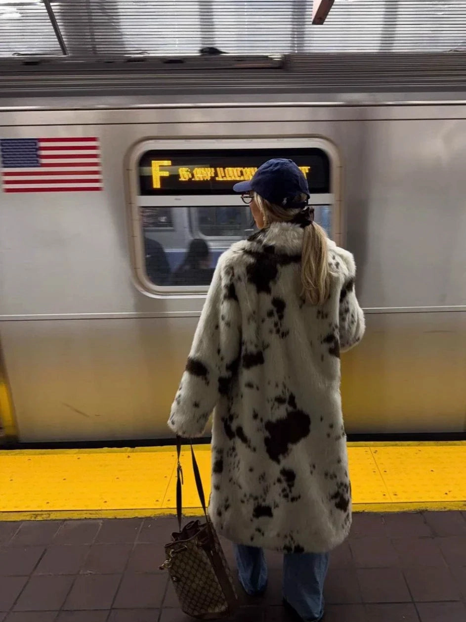 Sachi Cow Pattern Faux Fur Coat