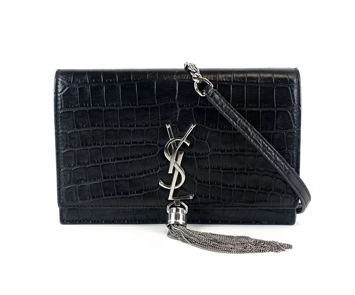 Saint Laurent Bags Kate Croc Embossed Calf Leather Tassel Bag