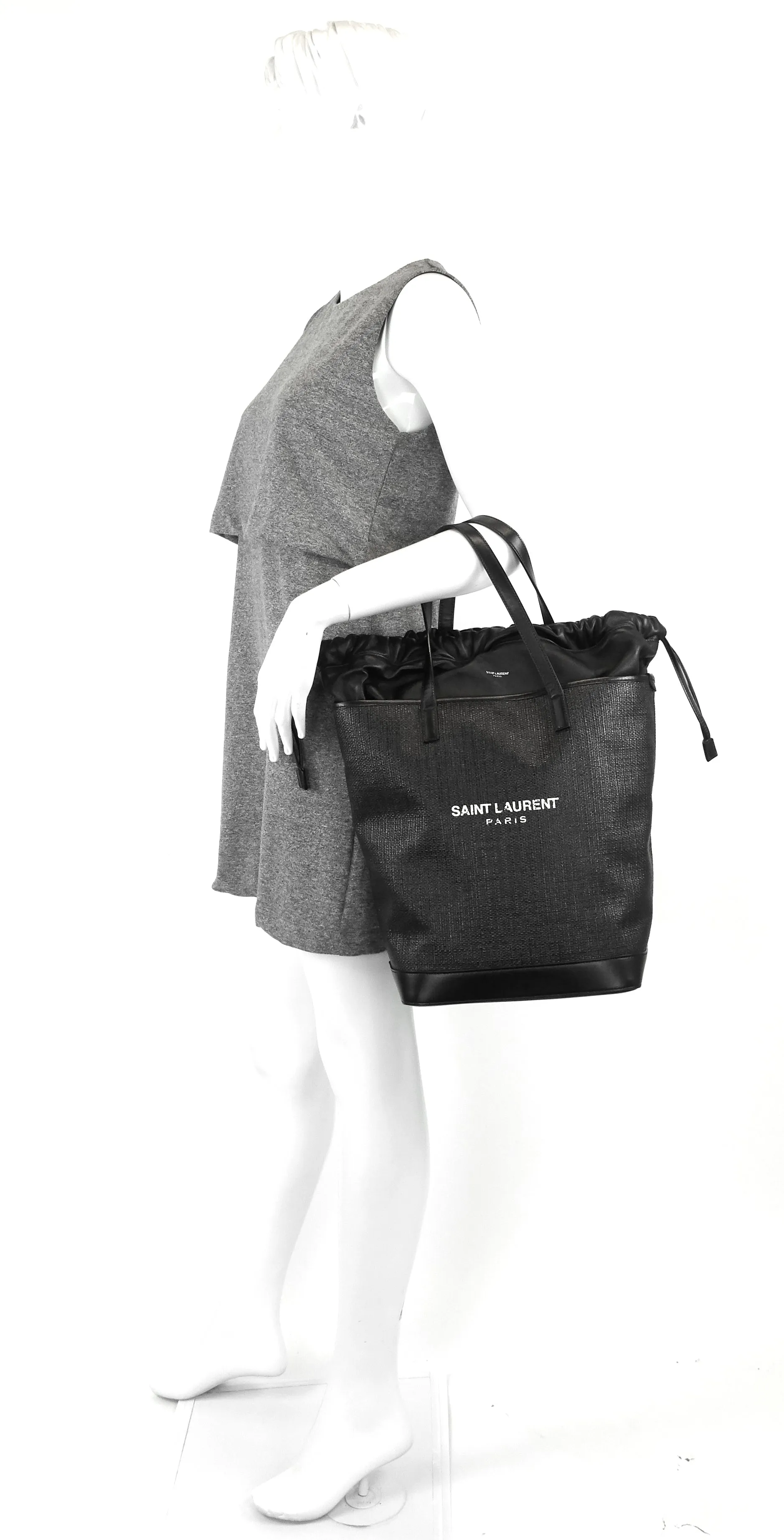 Saint Laurent Bags Teddy Medium Canvas and Leather Drawstring Shopping Tote Bag