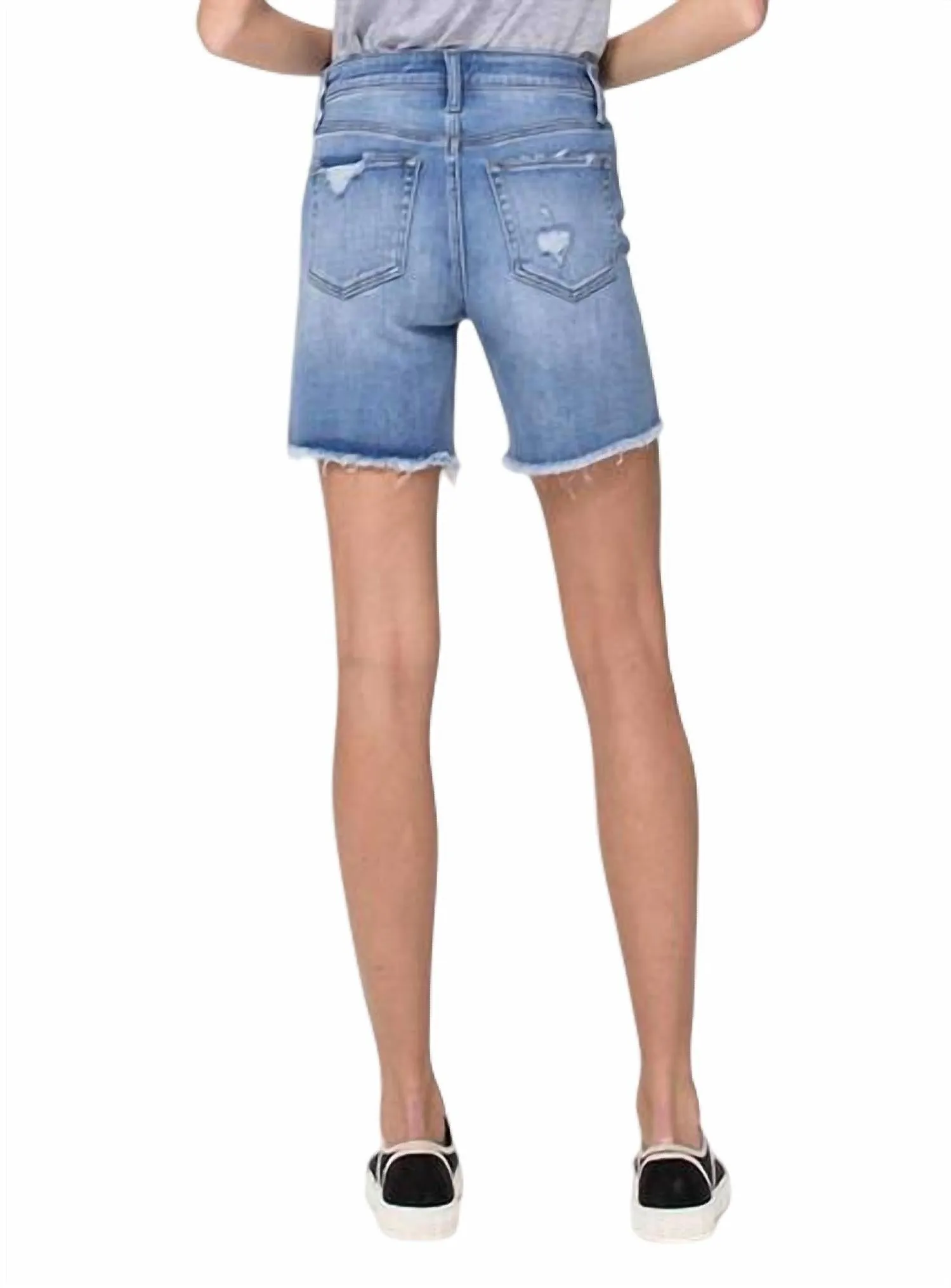 Stretch High Rise Midi Short In Medium Wash