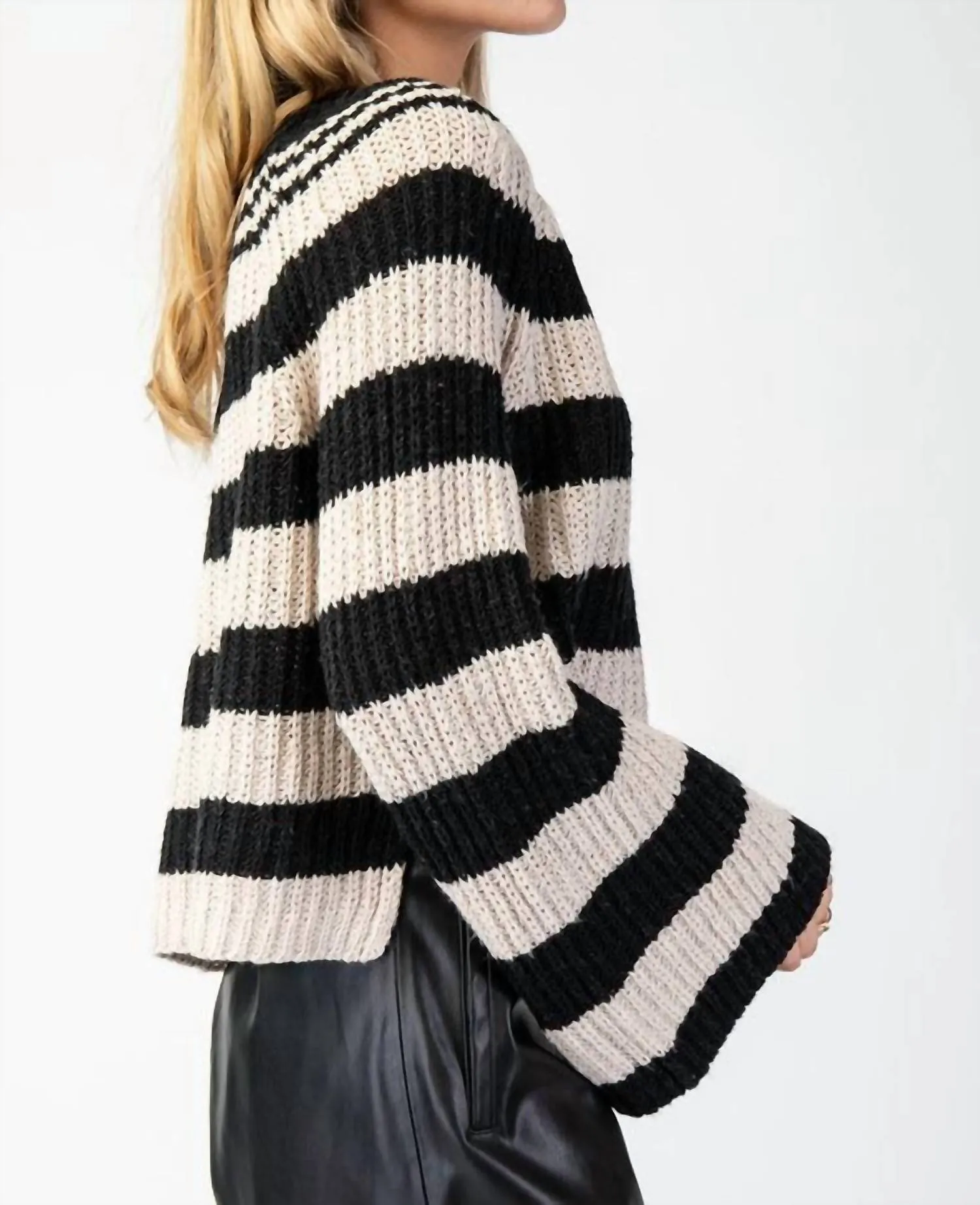 Striped Bell Sleeve Henley Sweater In Black And White