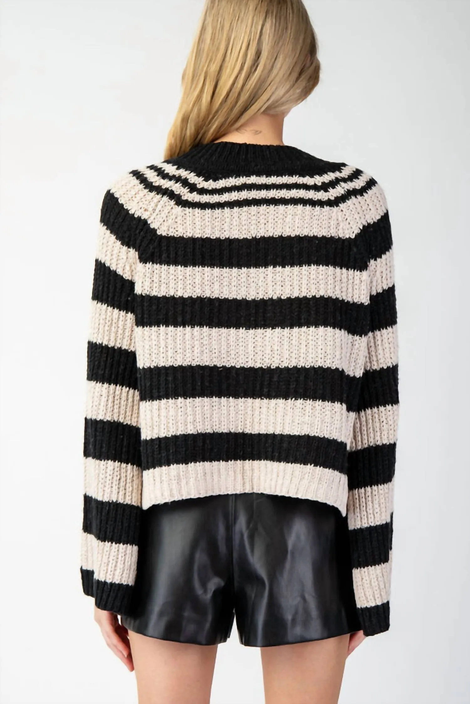 Striped Bell Sleeve Henley Sweater In Black And White