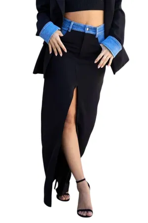 Tatiana Skirt With Denim Accents & High Slit In Black