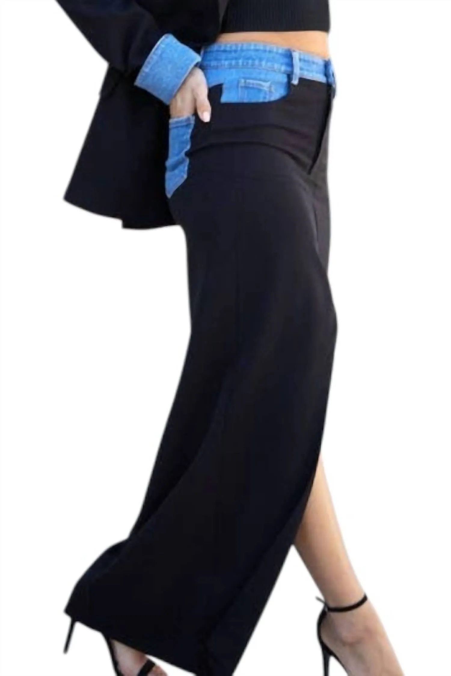 Tatiana Skirt With Denim Accents & High Slit In Black