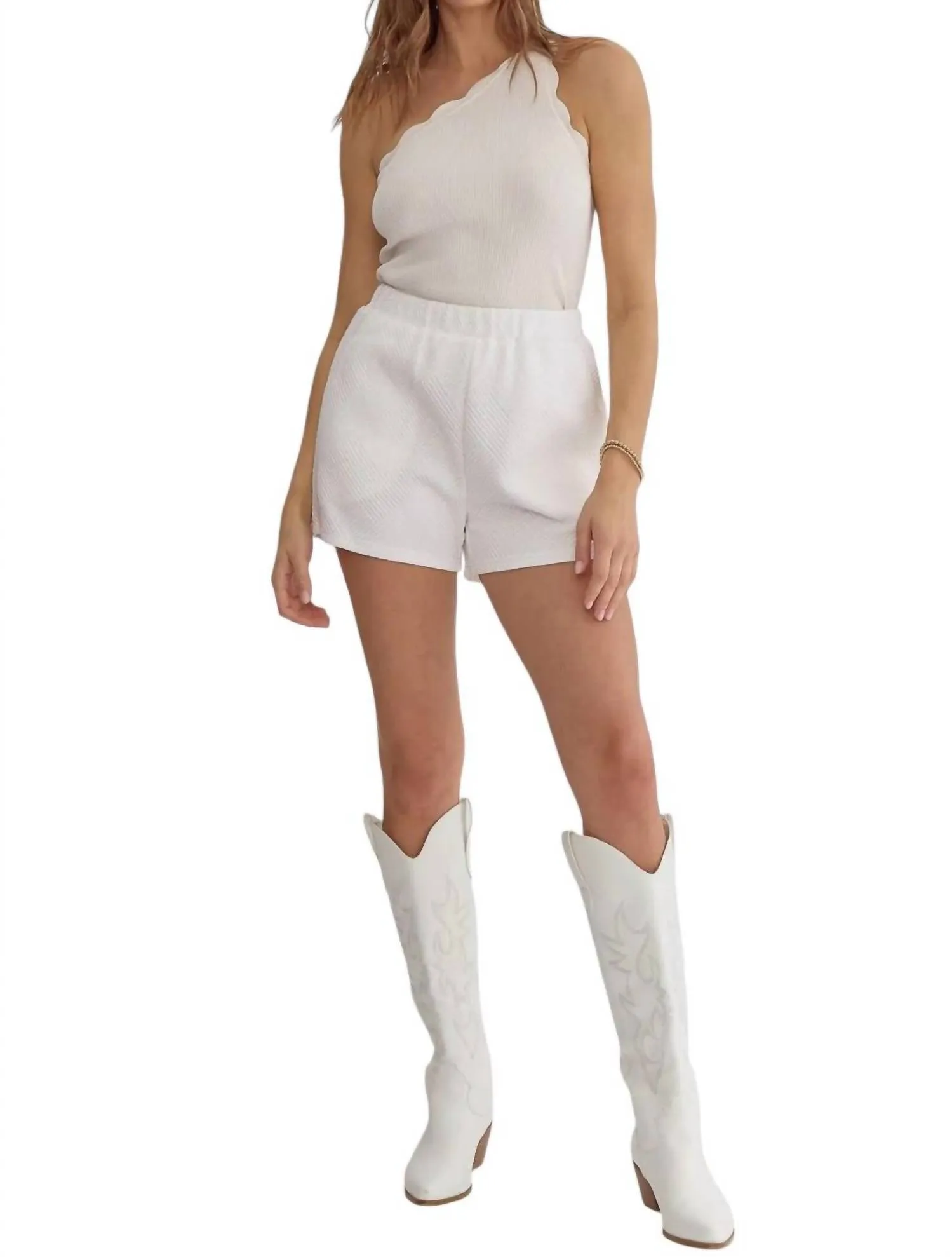 Textured High Waist Shorts In White