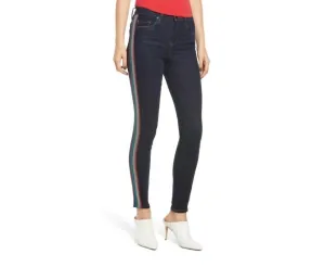 The Bond Metallic Glitter Side Stripe Skinny Jeans In Blue
