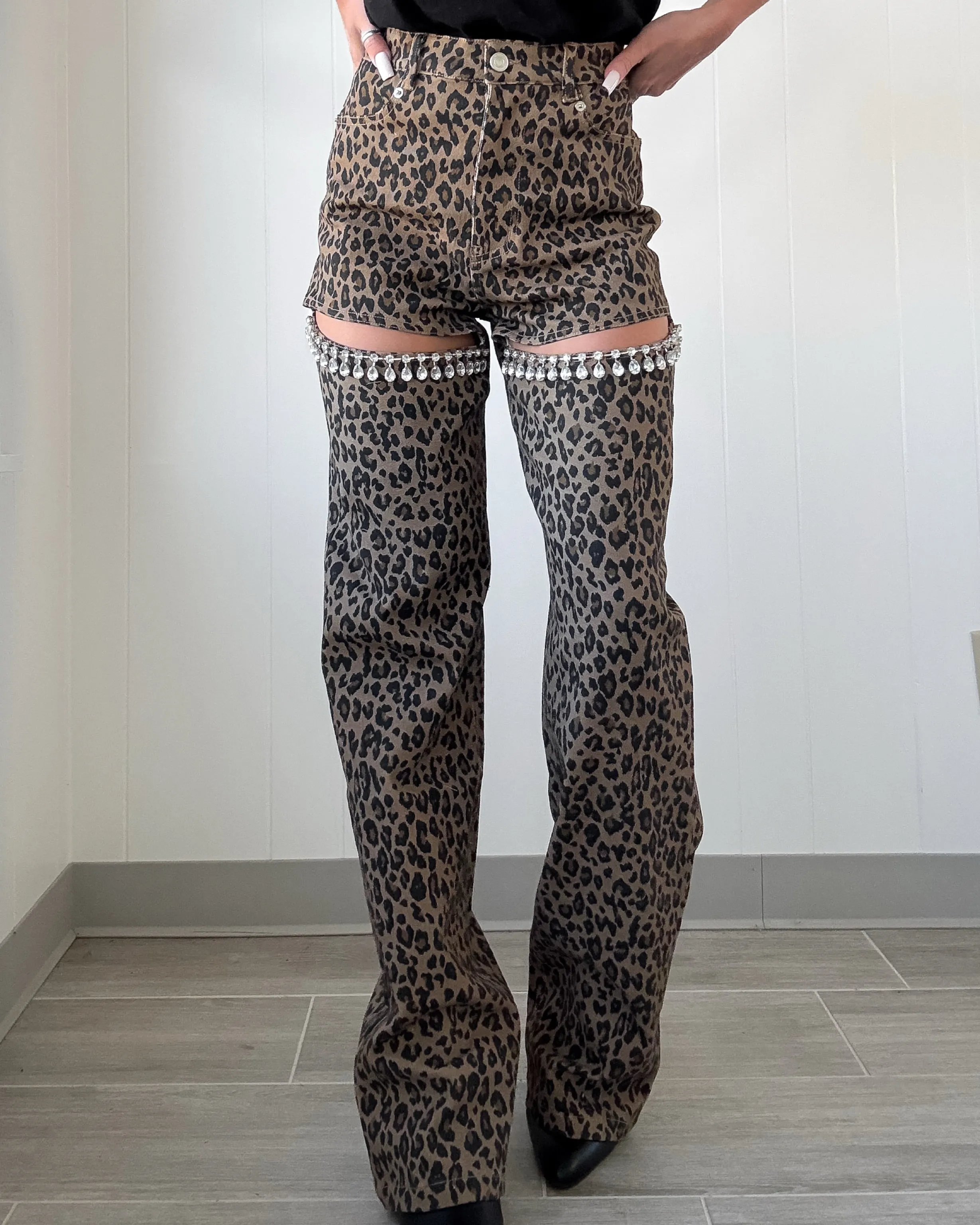 Trendsetter Slit Rhinestone Jeans - Leopard