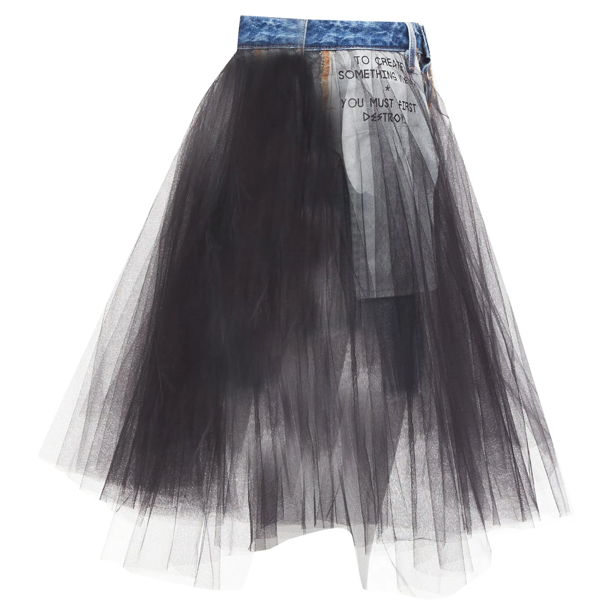 Unravel Project ruffle tulle overlay inside out denim skirt