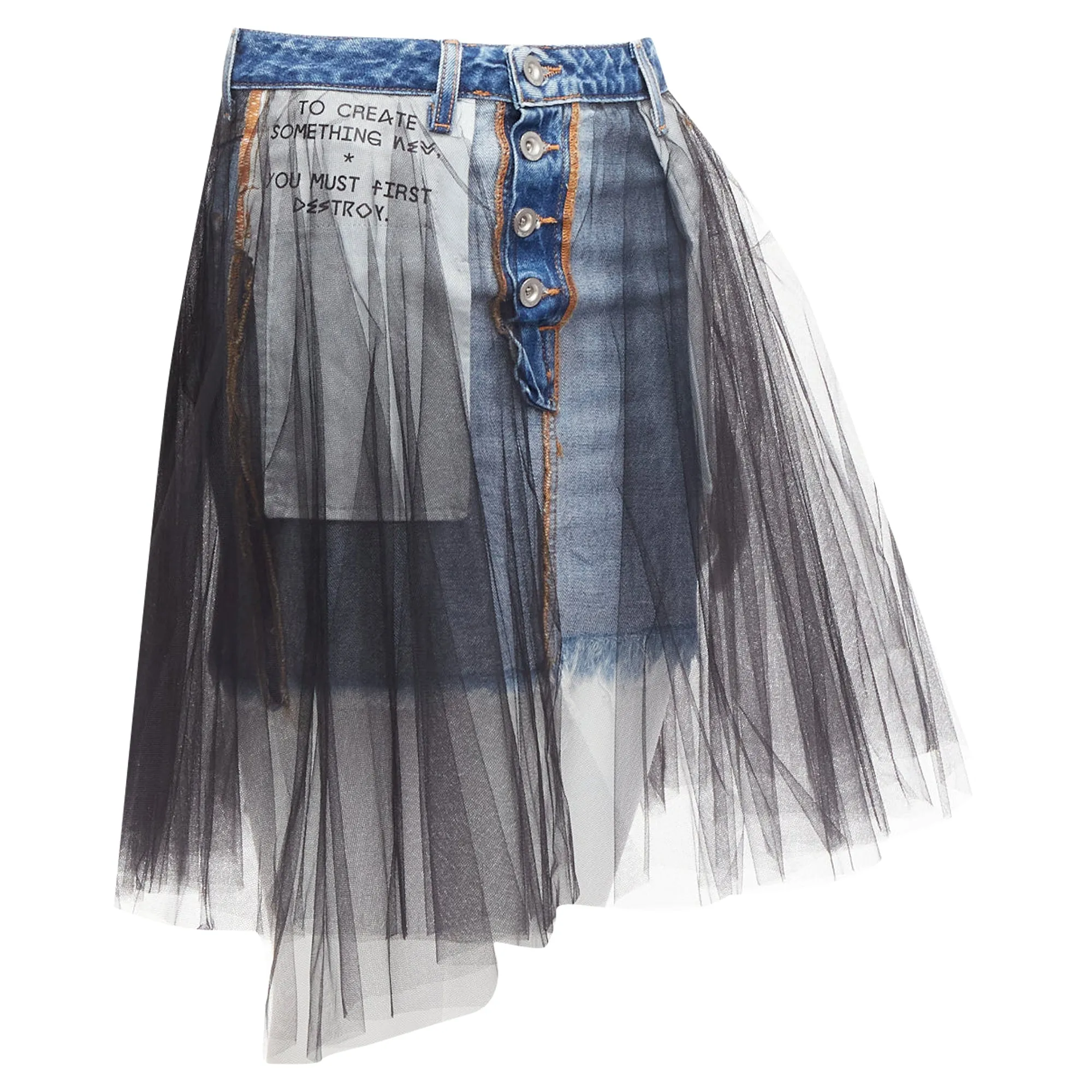 Unravel Project ruffle tulle overlay inside out denim skirt