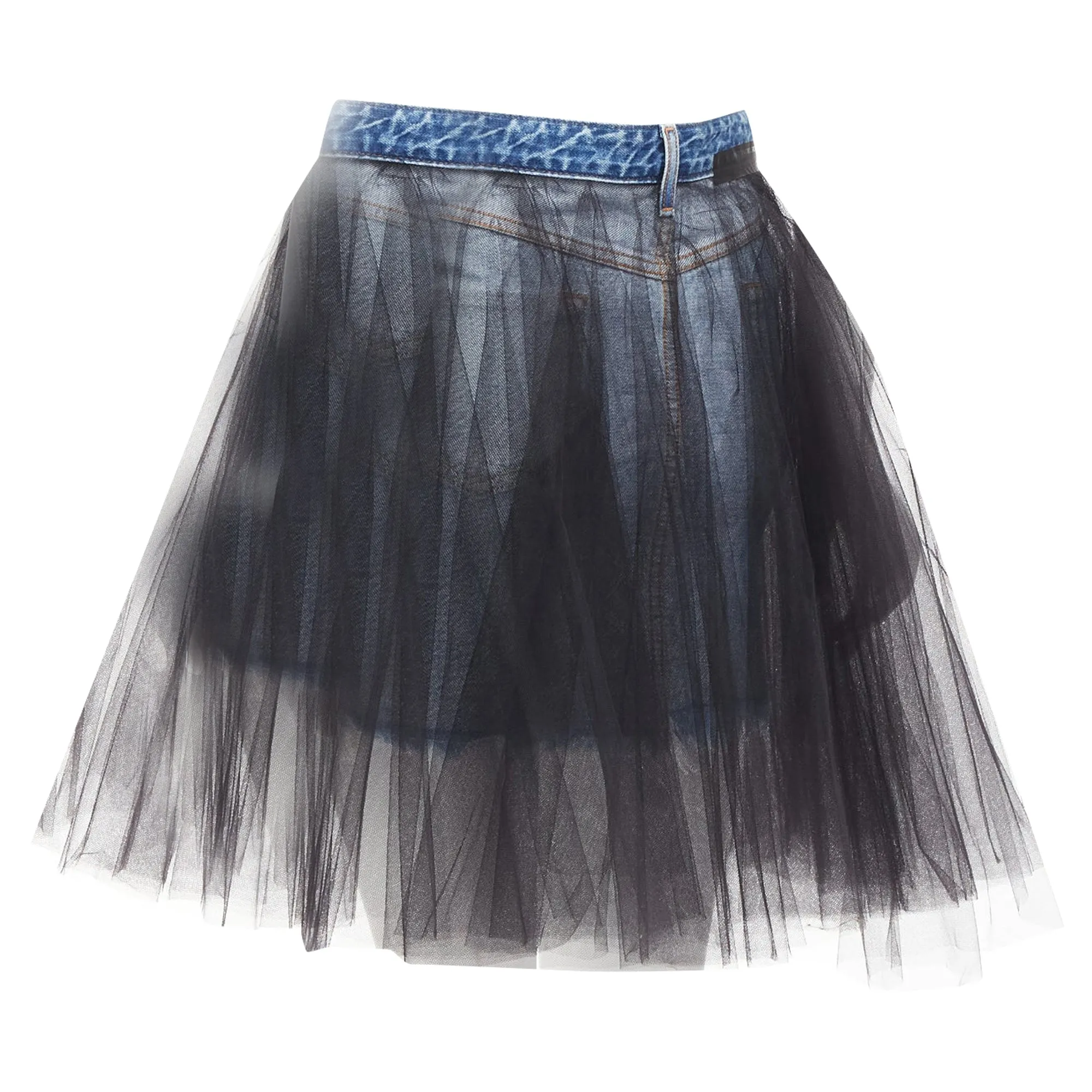 Unravel Project ruffle tulle overlay inside out denim skirt
